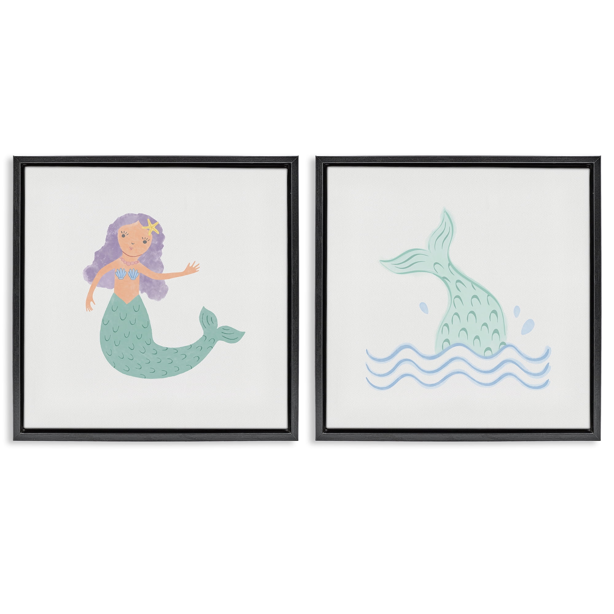 Stupell Industries Ocean Mermaid Splash Fantasy & Sci-Fi Painting Black Floater Framed Canvas Art Print Wall Art, 18 x 18, Set of 2
