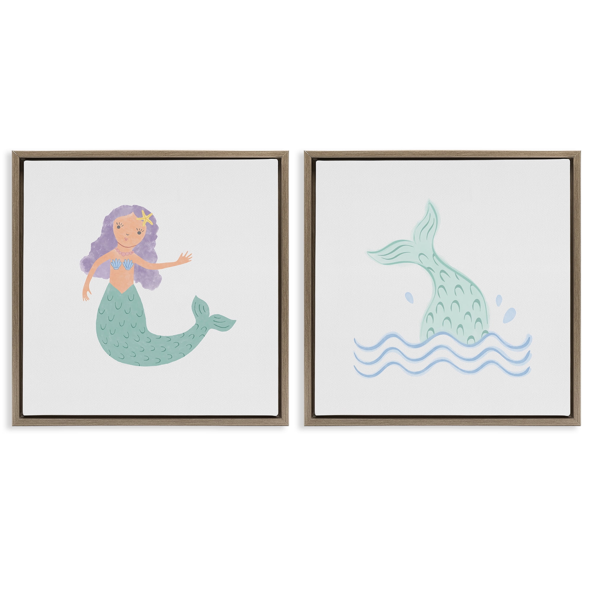 Stupell Industries Ocean Mermaid Splash Fantasy & Sci-Fi Painting Brown Floater Framed Canvas Art Print Wall Art, 25 x 25, Set of 2