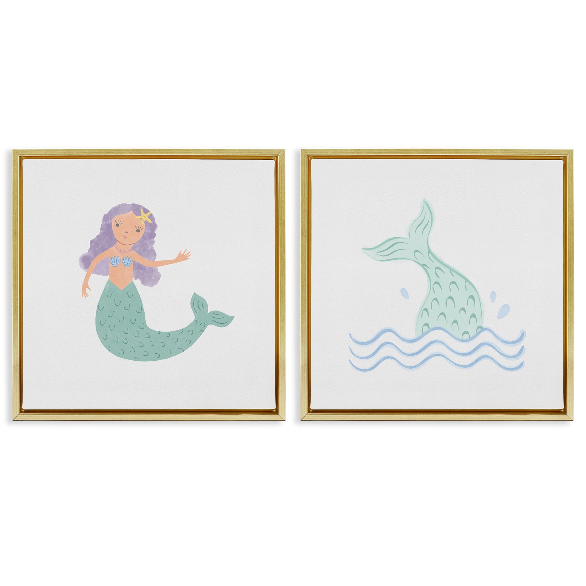 Stupell Industries Ocean Mermaid Splash Fantasy & Sci-Fi Painting Gold Floater Framed Canvas Art Print Wall Art, 25 x 25, Set of 2
