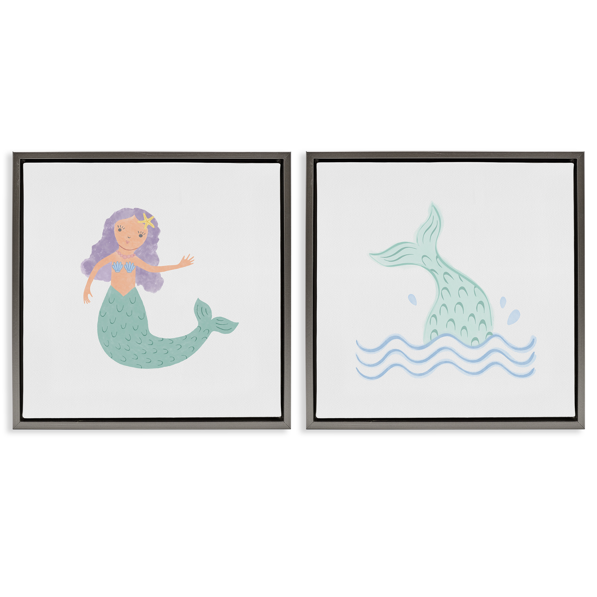 Stupell Industries Ocean Mermaid Splash Fantasy & Sci-Fi Painting Gray Floater Framed Canvas Art Print Wall Art, 25 x 25, Set of 2