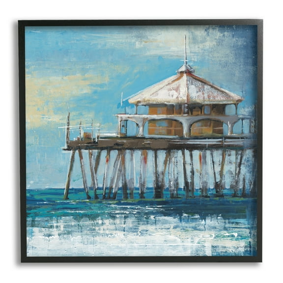 Stupell Industries Ocean Pier Painting Nature Painting Black Framed Art Print Wall Art, 12 x 12