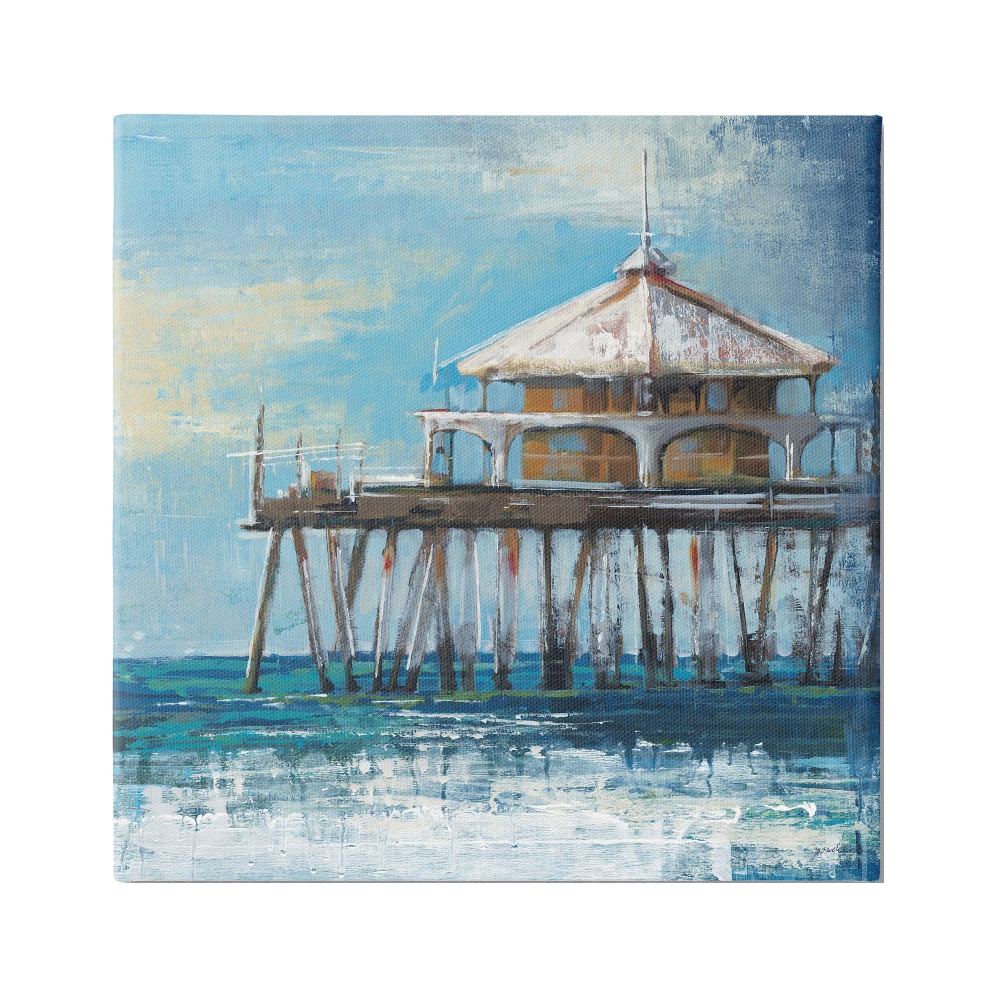 Stupell Industries Ocean Pier Painting Nature Painting Gallery Wrapped Canvas Print Wall Art, 36 x 36