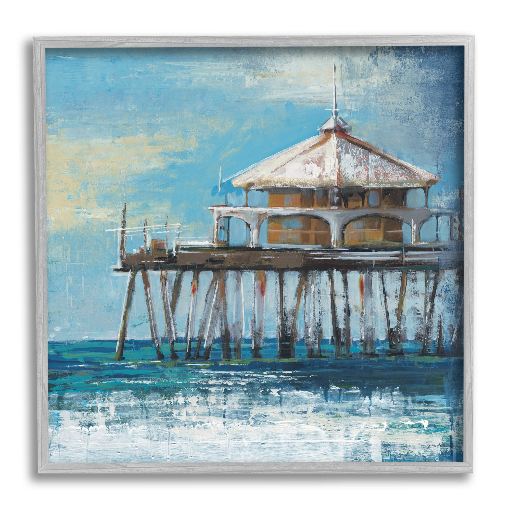 Stupell Industries Ocean Pier Painting Nature Painting Gray Framed Art Print Wall Art, 12 x 12