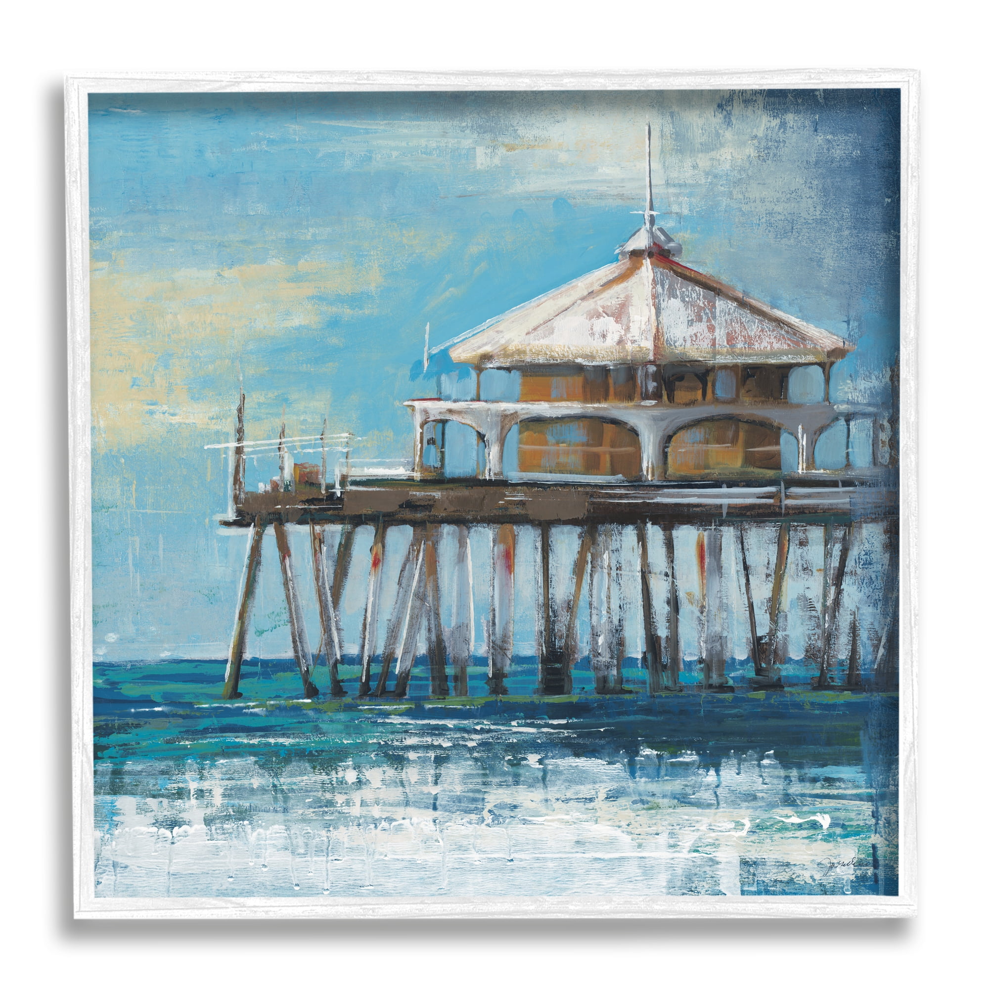Stupell Industries Ocean Pier Painting Nature Painting White Framed Art Print Wall Art, 12 x 12