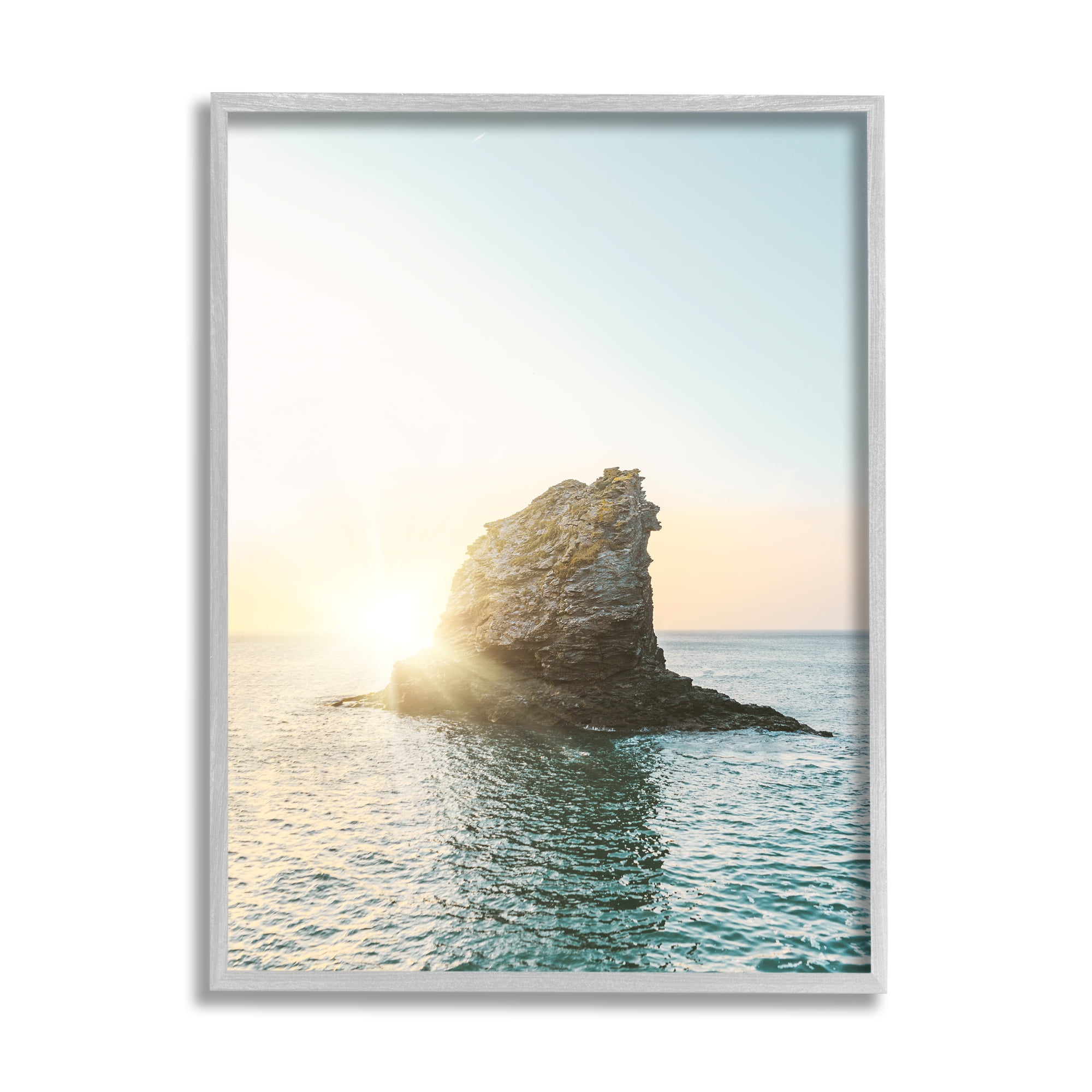 Stupell Industries Ocean Rock at Sunset Nature Photography Gray Framed Art Print Wall Art, 24 x 30