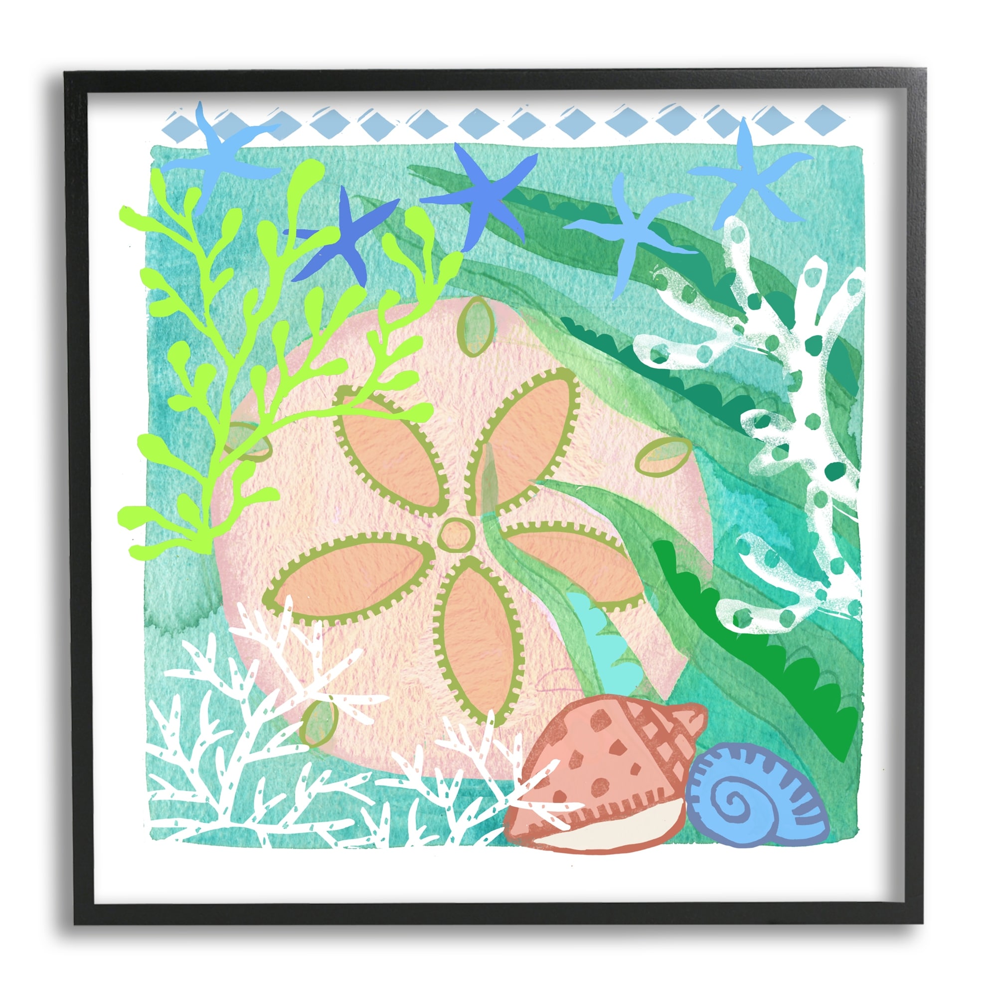 Stupell Industries Ocean Sand Dollar Collage Seashells Coral Pattern Graphic Art Black Framed Art Print Wall Art, Design by unknown