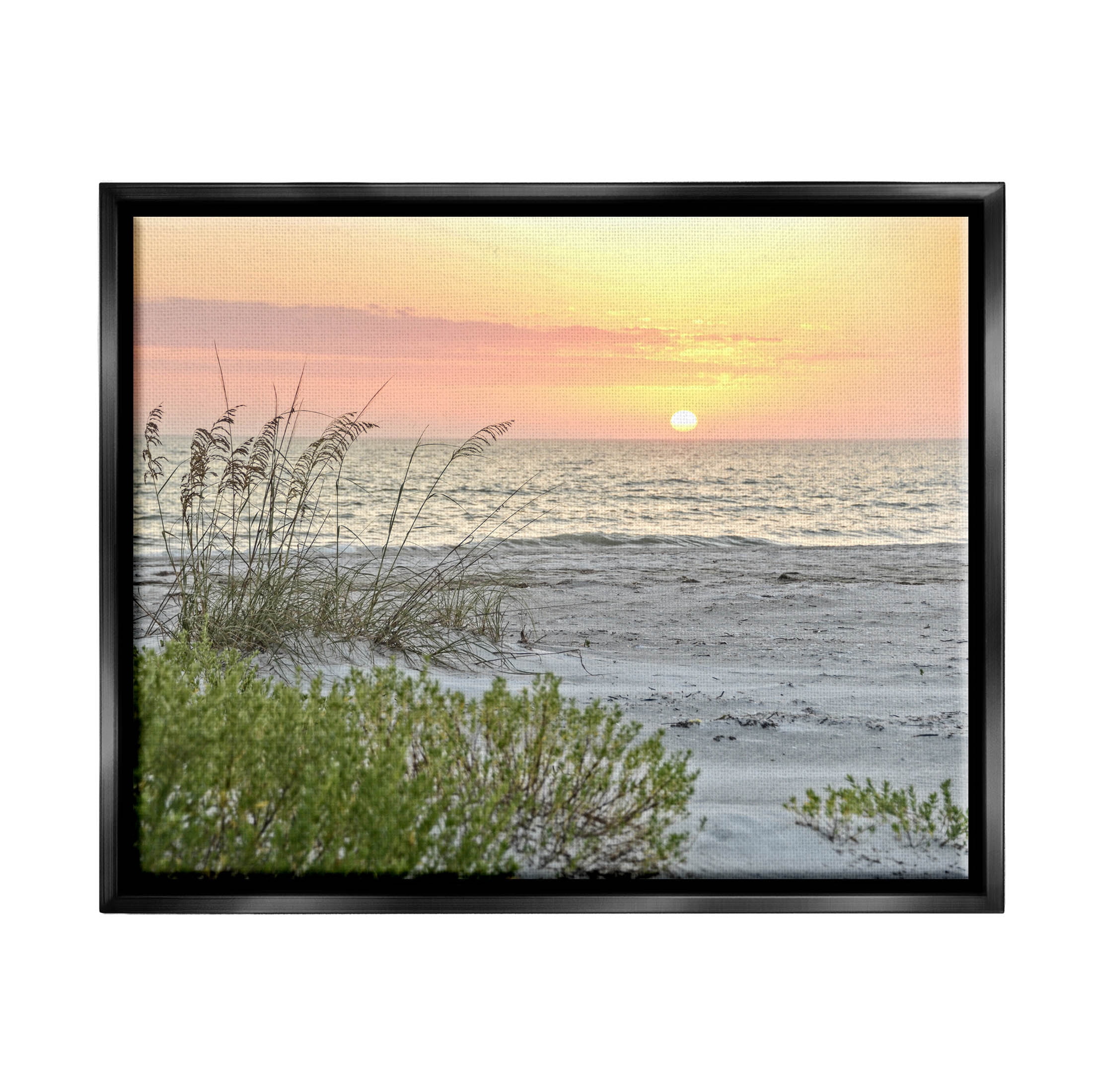 Stupell Industries Ocean Shore Reeds Sunset Horizon Photograph Jet Black Floating Framed Canvas Print Wall Art, Design by Mary Lou Photography