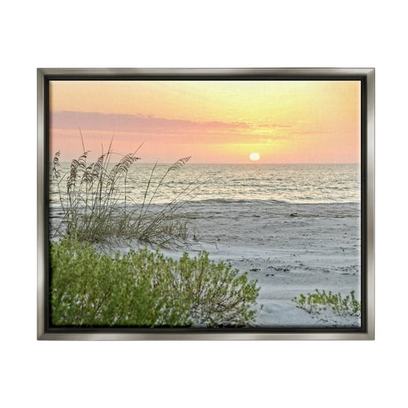 Stupell Industries Ocean Shore Reeds Sunset Horizon Photograph Luster Gray Floating Framed Canvas Print Wall Art, Design by Mary Lou Photography