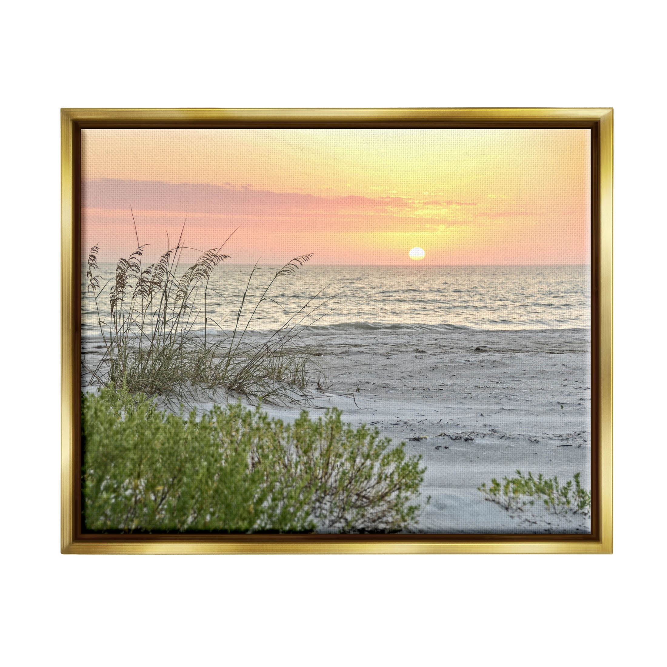 Stupell Industries Ocean Shore Reeds Sunset Horizon Photograph Metallic Gold Floating Framed Canvas Print Wall Art, Design by Mary Lou Photography