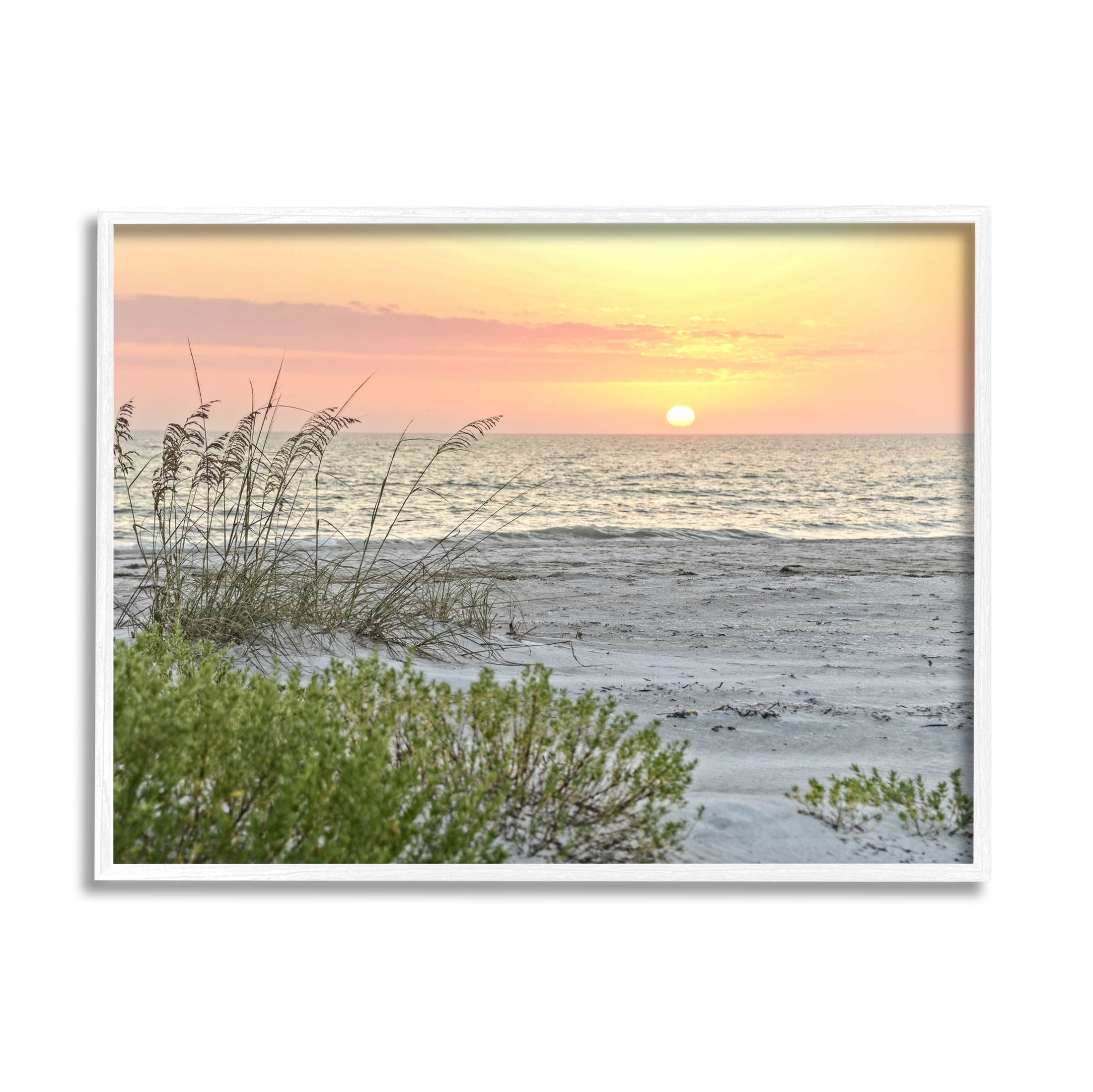 Stupell Industries Ocean Shore Reeds Sunset Horizon Photograph White Framed Art Print Wall Art, Design by Mary Lou Photography
