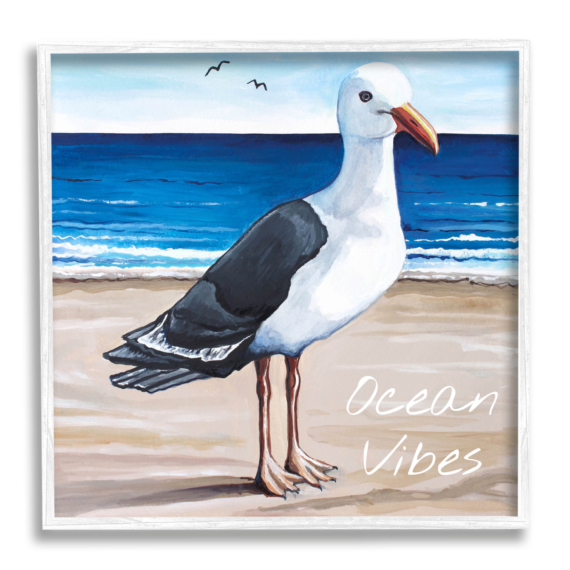 Stupell Industries Ocean Vibes Coastal Seagull Beach Graphic Art White Framed Art Print Wall Art, Design by Elizabeth Tyndall