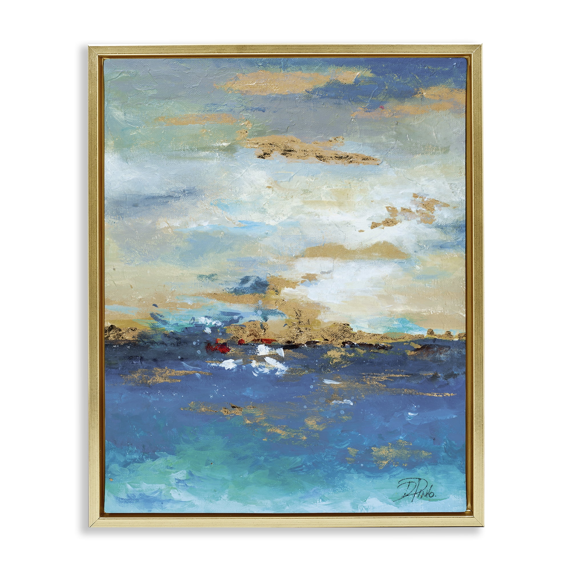 Stupell Industries Ocean View with Tan Accents Abstract Painting Gold Floater Framed Canvas Art Print Wall Art, 17 x 21