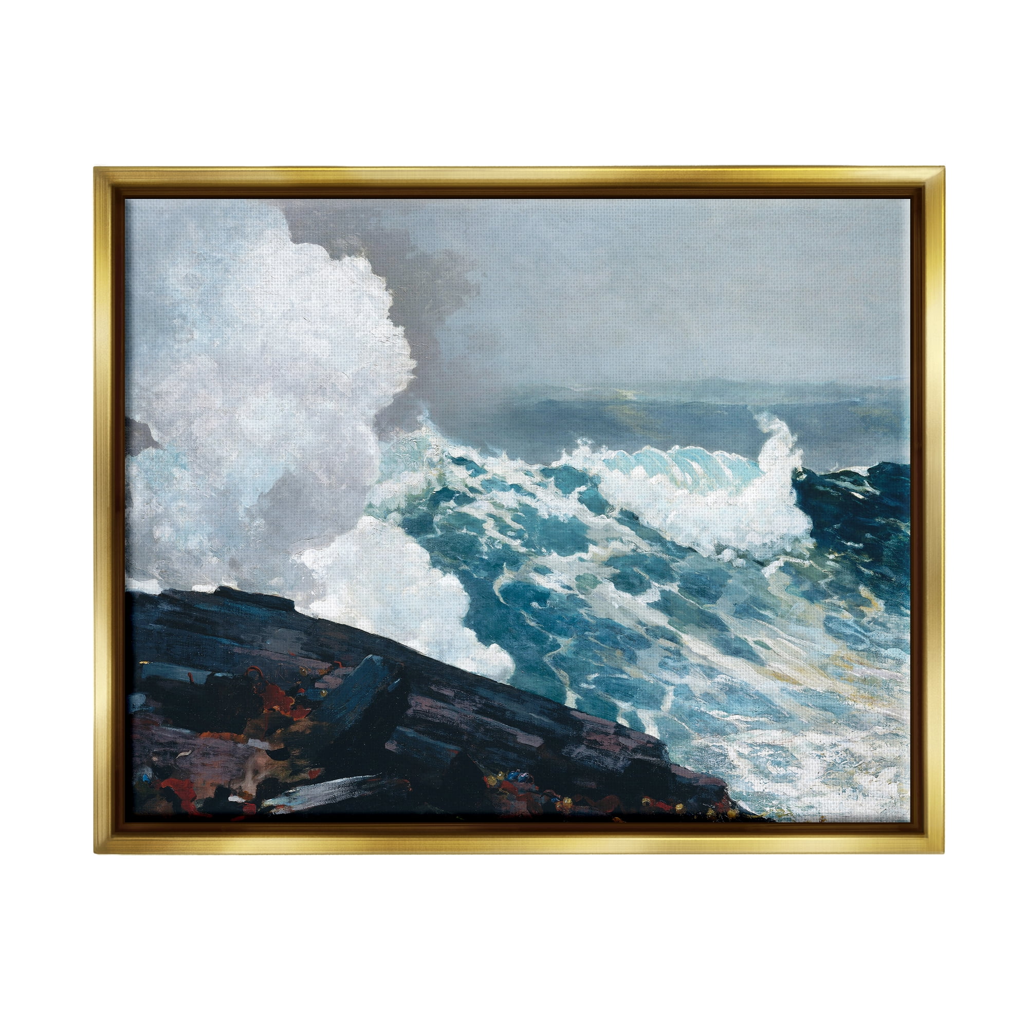 Stupell Industries Ocean Waves & Cliffs Landscape Painting Gold Floater Framed Canvas Art Print Wall Art, 21 x 17