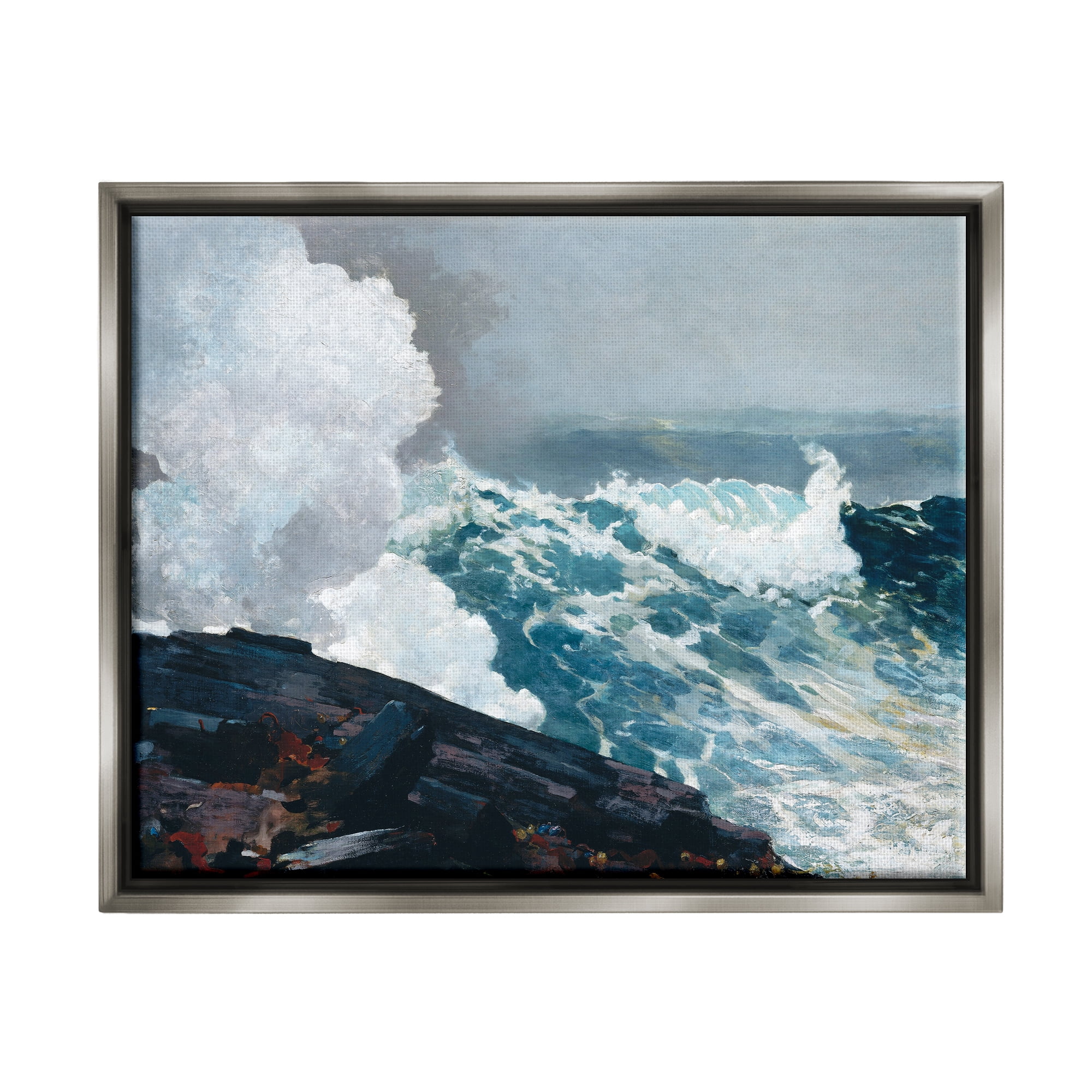 Stupell Industries Ocean Waves & Cliffs Landscape Painting Gray Floater Framed Canvas Art Print Wall Art, 21 x 17
