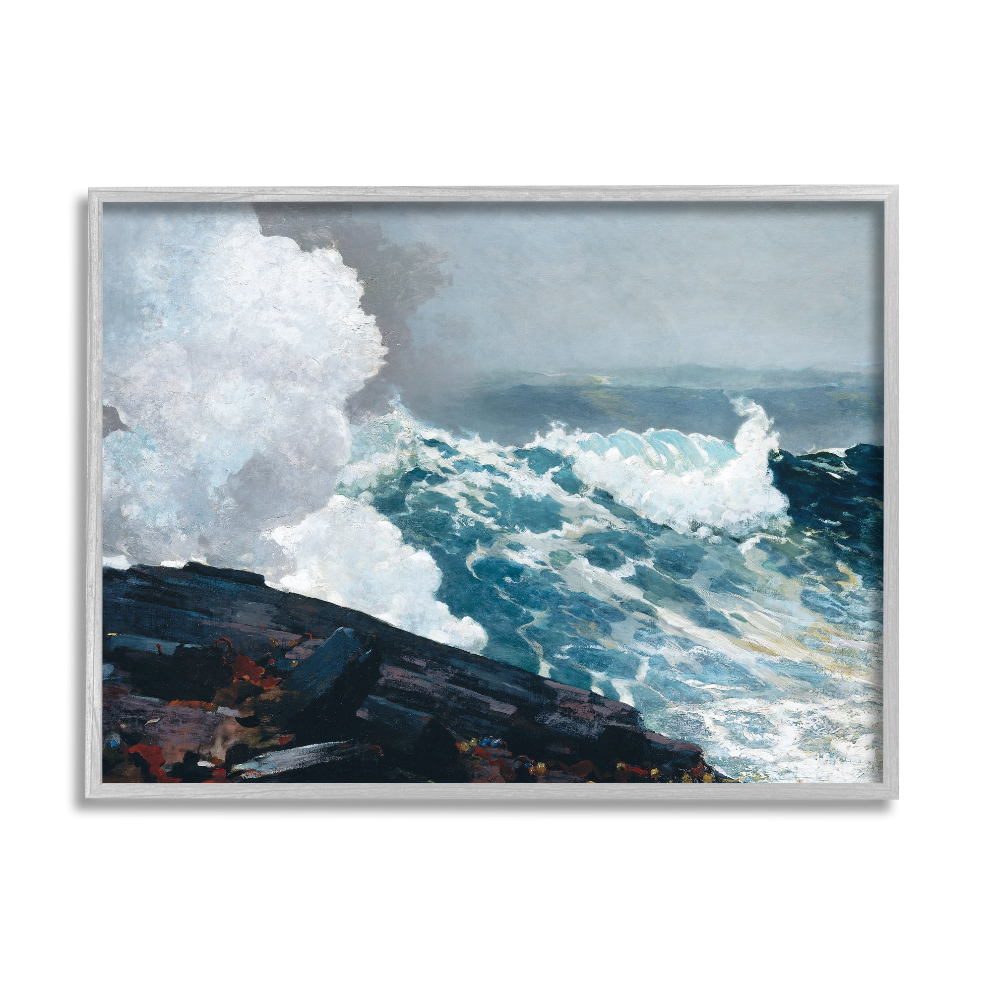 Stupell Industries Ocean Waves & Cliffs Landscape Painting Gray Framed Art Print Wall Art, 30 x 24