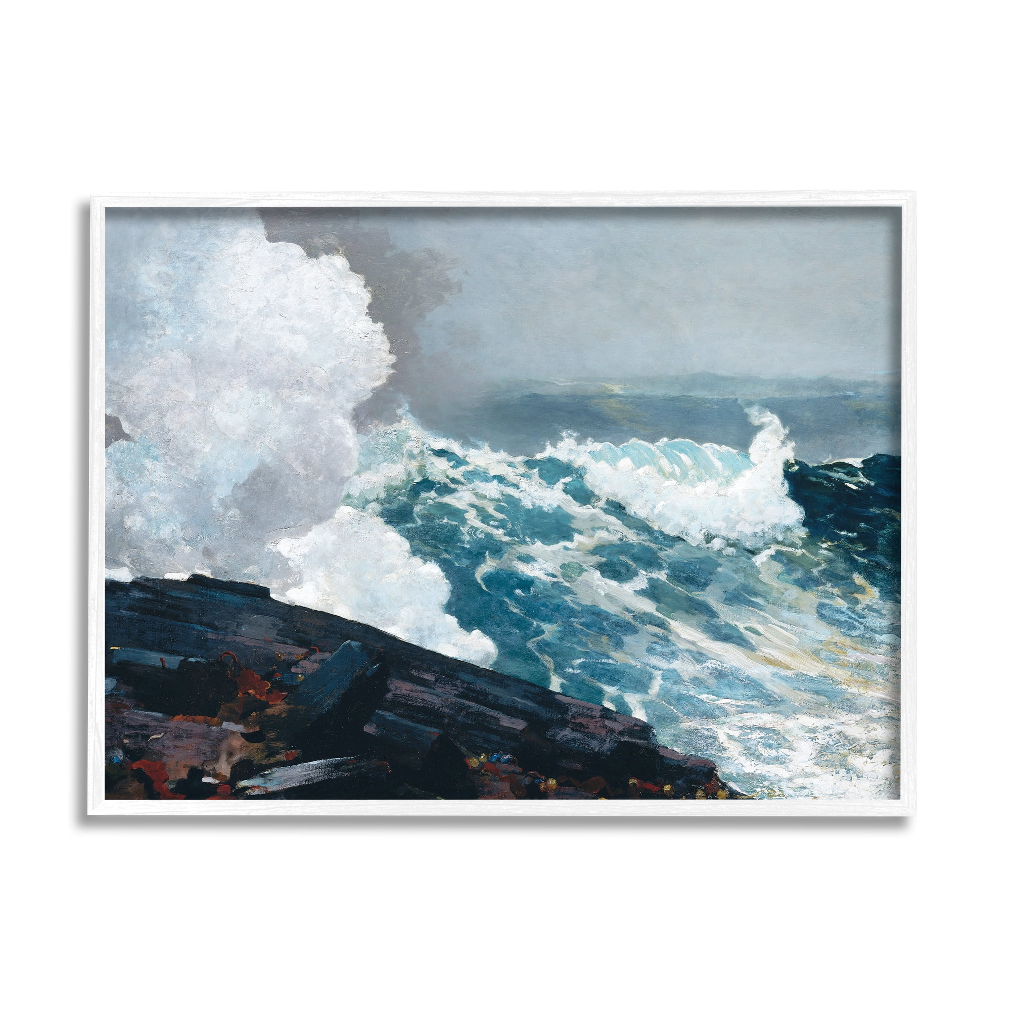 Stupell Industries Ocean Waves & Cliffs Landscape Painting White Framed Art Print Wall Art, 20 x 16