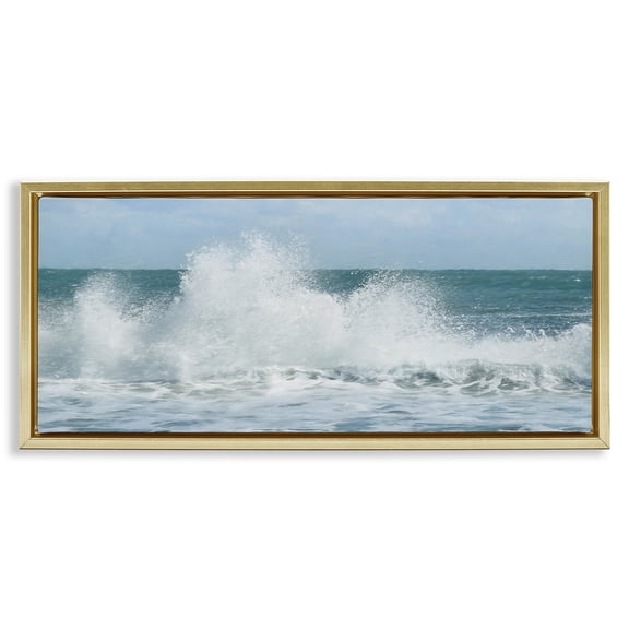 Stupell Industries Ocean Waves Crashing Foam Splash Nature Photography Gold Floater Framed Canvas Art Print Wall Art, 31 x 14