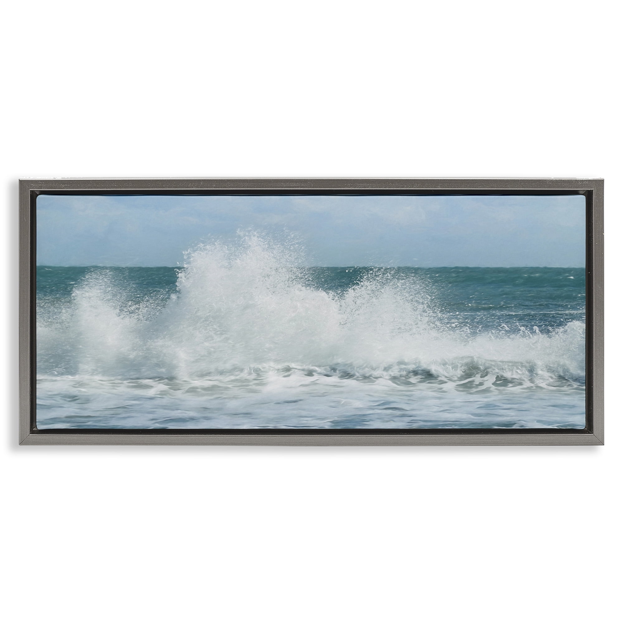 Stupell Industries Ocean Waves Crashing Foam Splash Nature Photography Gray Floater Framed Canvas Art Print Wall Art, 31 x 14