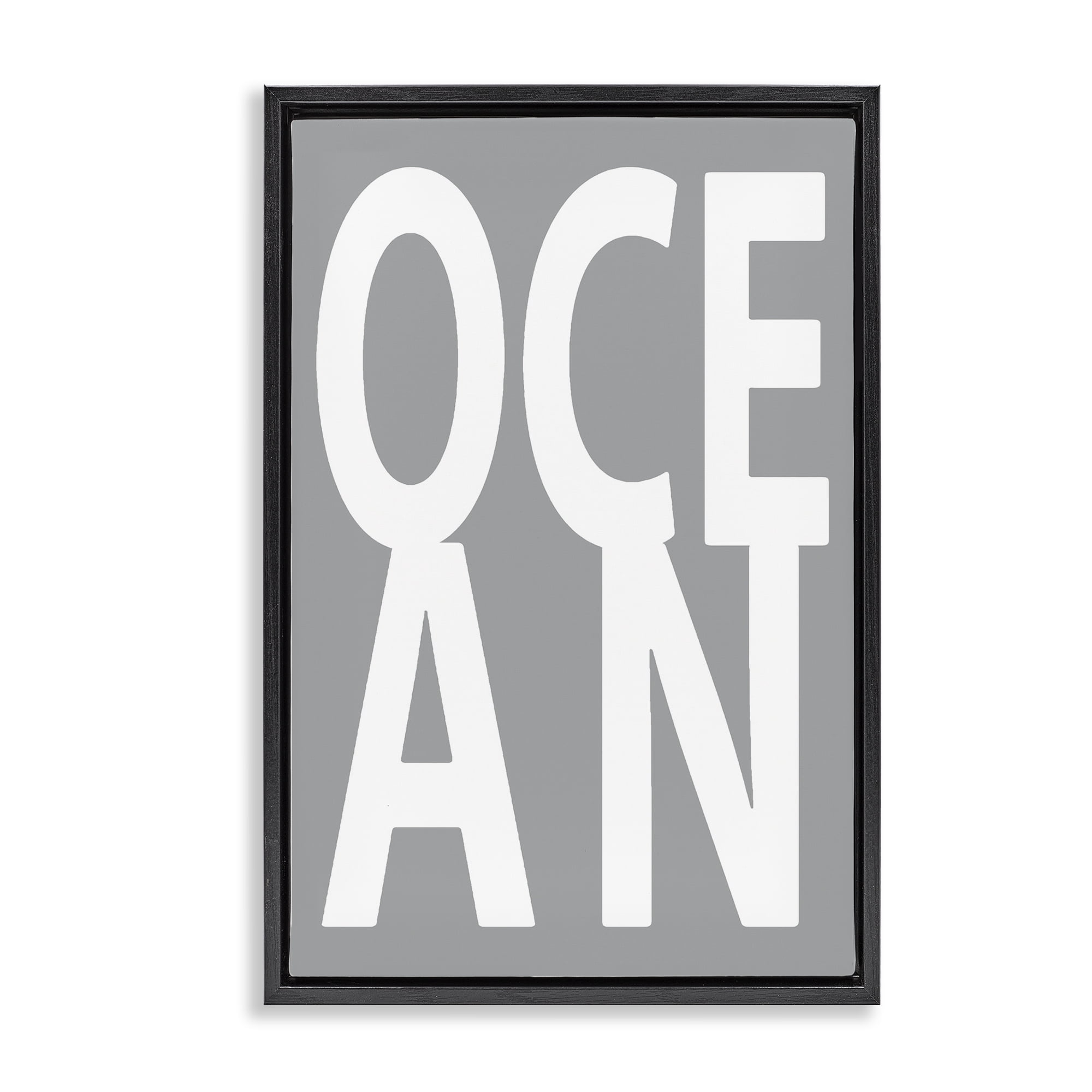 Stupell Industries Ocean Word on Grey Typography Painting Black Floater Framed Art Print Wall Art, 21 x 31