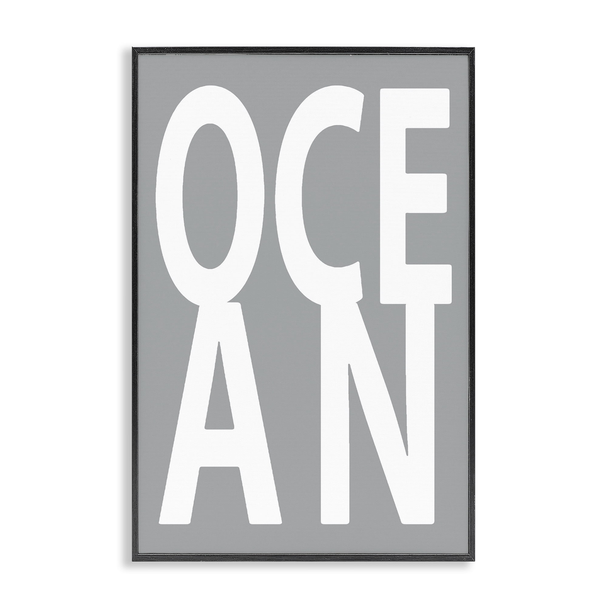 Stupell Industries Ocean Word on Grey Typography Painting Black Framed Art Print Wall Art, 12 x 18