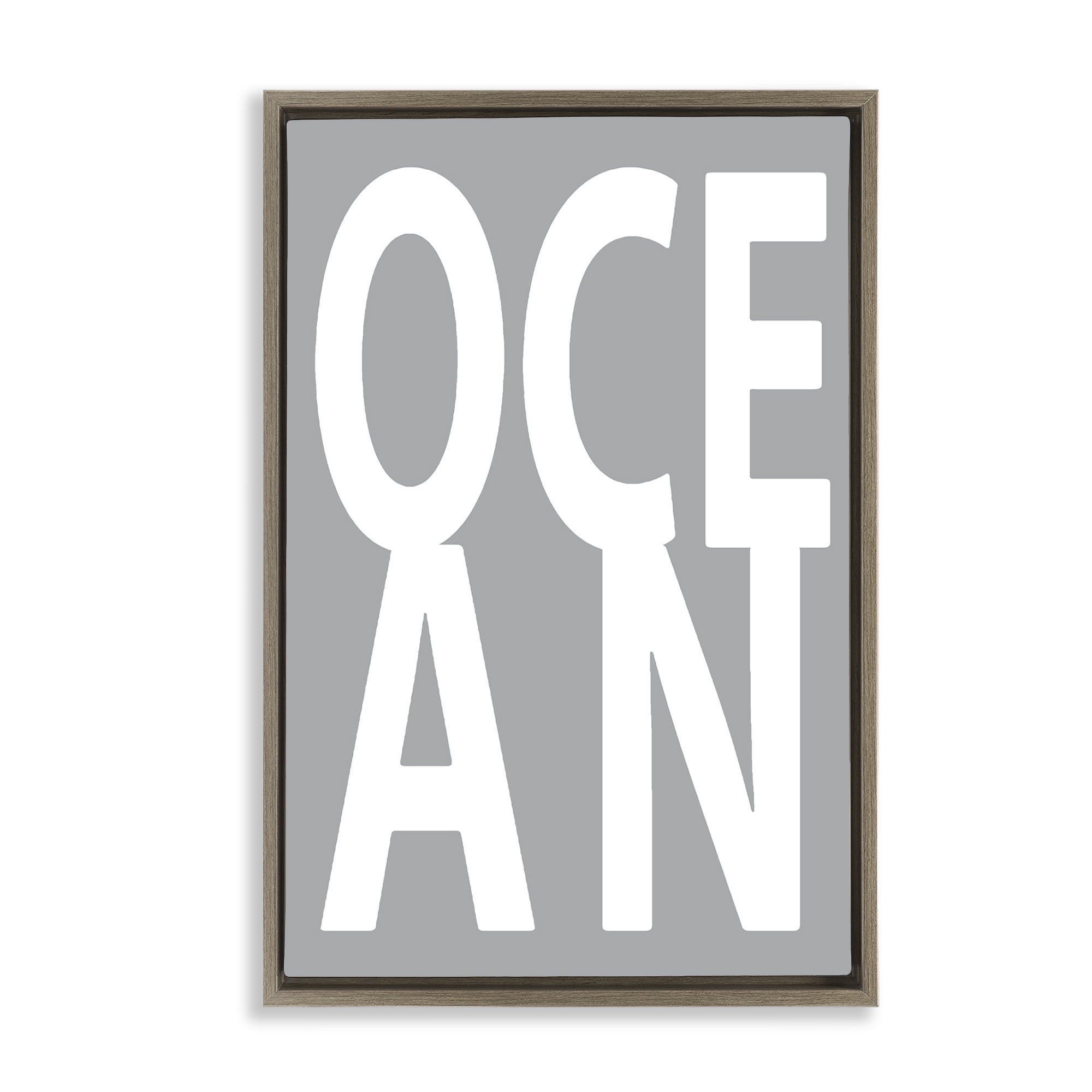 Stupell Industries Ocean Word on Grey Typography Painting Brown Floater Framed Art Print Wall Art, 21 x 31