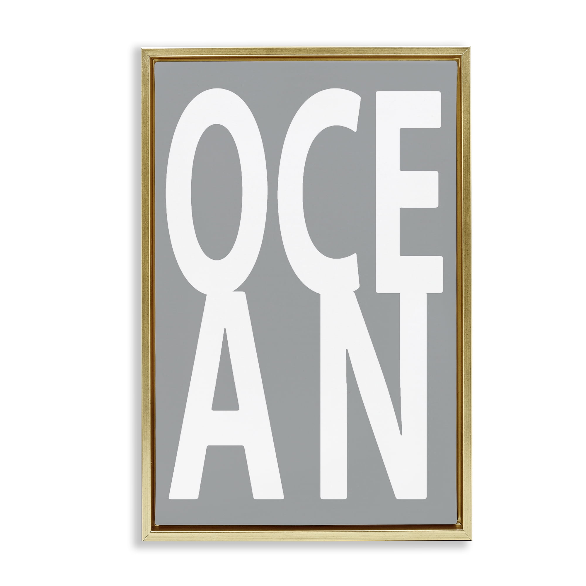 Stupell Industries Ocean Word on Grey Typography Painting Gold Floater Framed Art Print Wall Art, 17 x 25