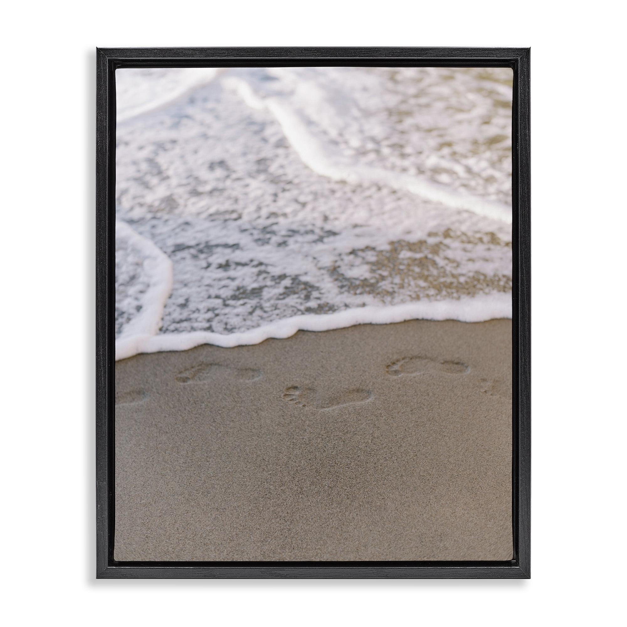 Stupell Industries Ocean's Edge Footprints Coastal Photography Black Floater Framed Canvas Art Print Wall Art, 25 x 31