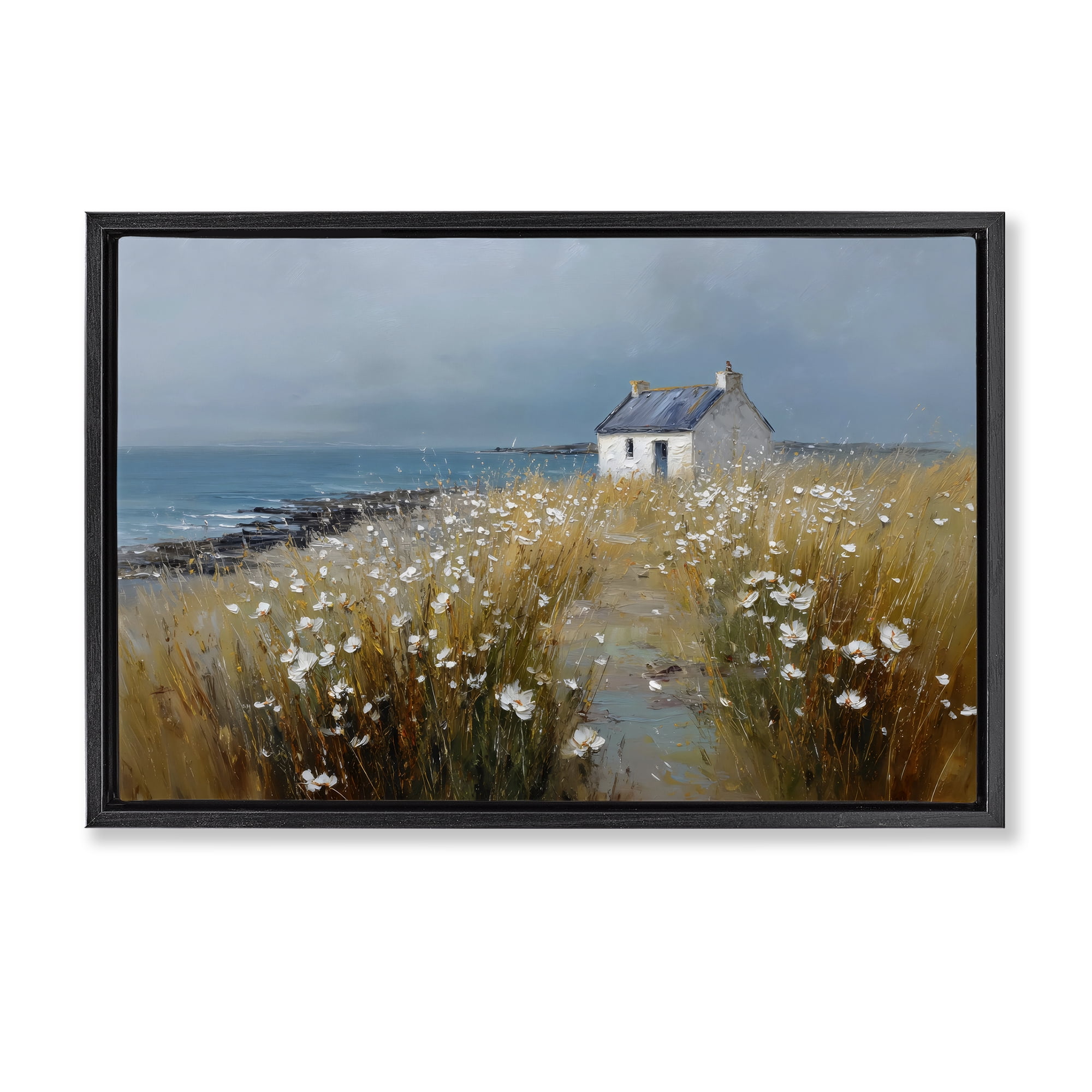 Stupell Industries Oceanfront Cottage Wildflowers Black Framed Floater Canvas Wall Art, design by Petal Prints Design