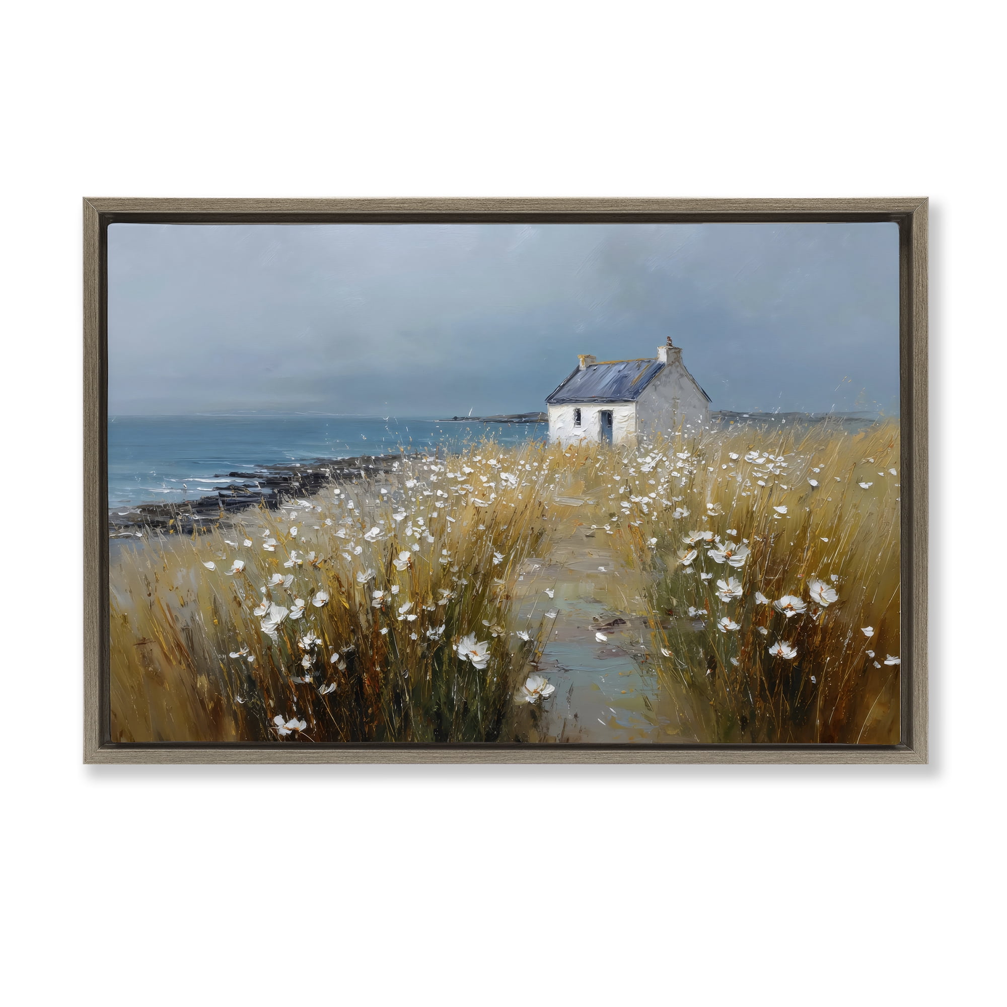Stupell Industries Oceanfront Cottage Wildflowers Brown Framed Floater Canvas Wall Art, design by Petal Prints Design