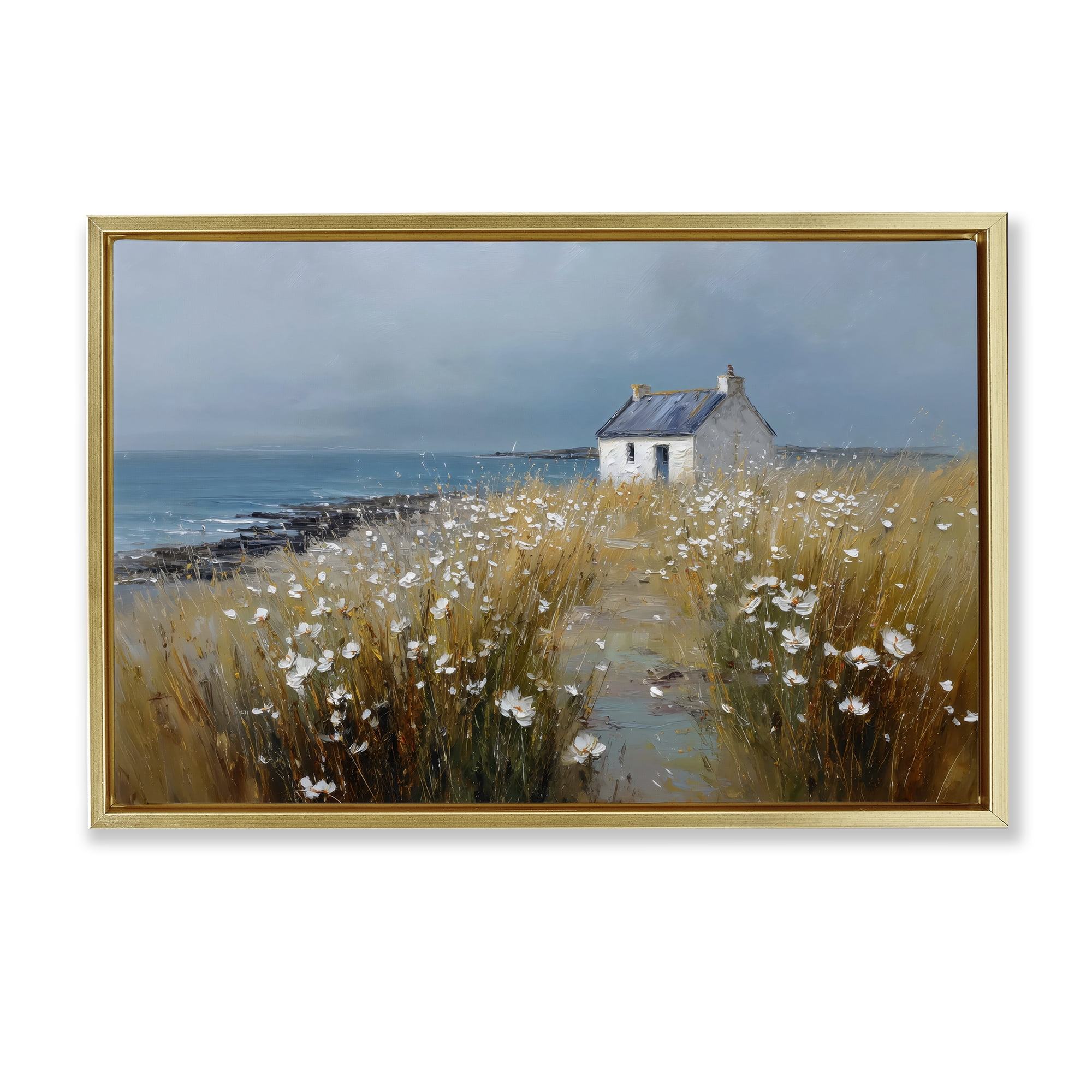 Stupell Industries Oceanfront Cottage Wildflowers Gold Framed Floater Canvas Wall Art, design by Petal Prints Design