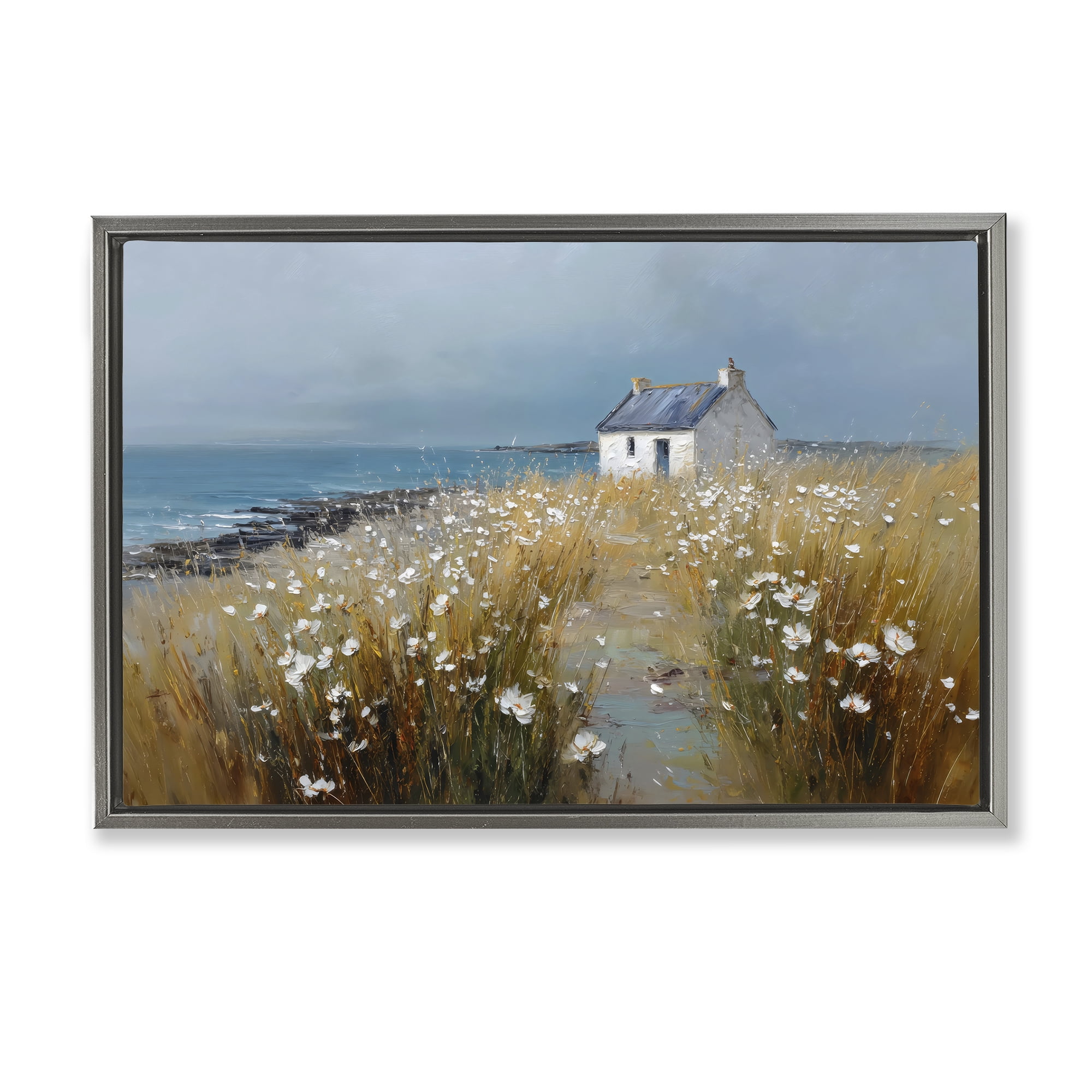 Stupell Industries Oceanfront Cottage Wildflowers Gray Framed Floater Canvas Wall Art, design by Petal Prints Design