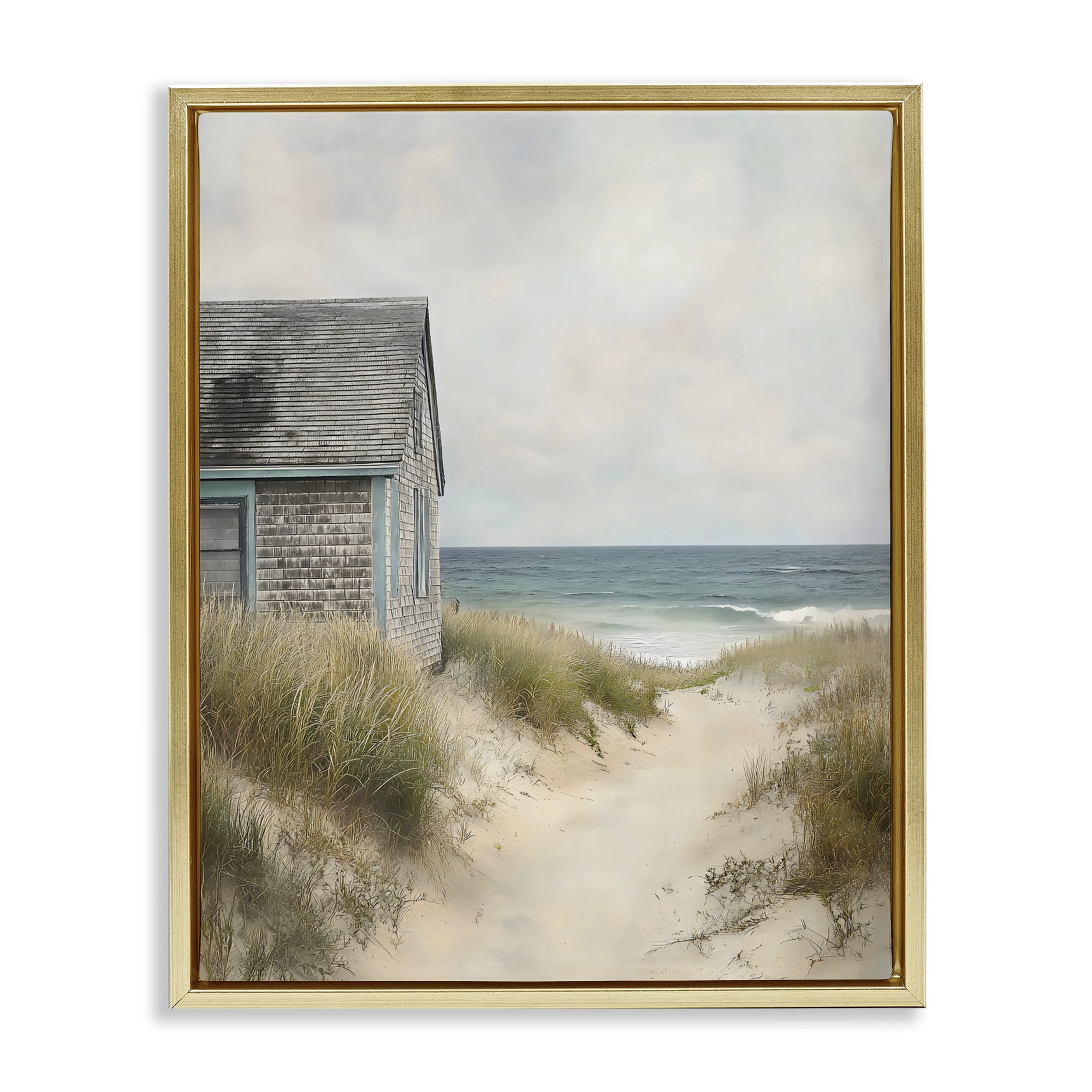 Stupell Industries Oceanfront Cottage on Dune Path Gold Framed Floater Canvas Wall Art, design by Creative Studio