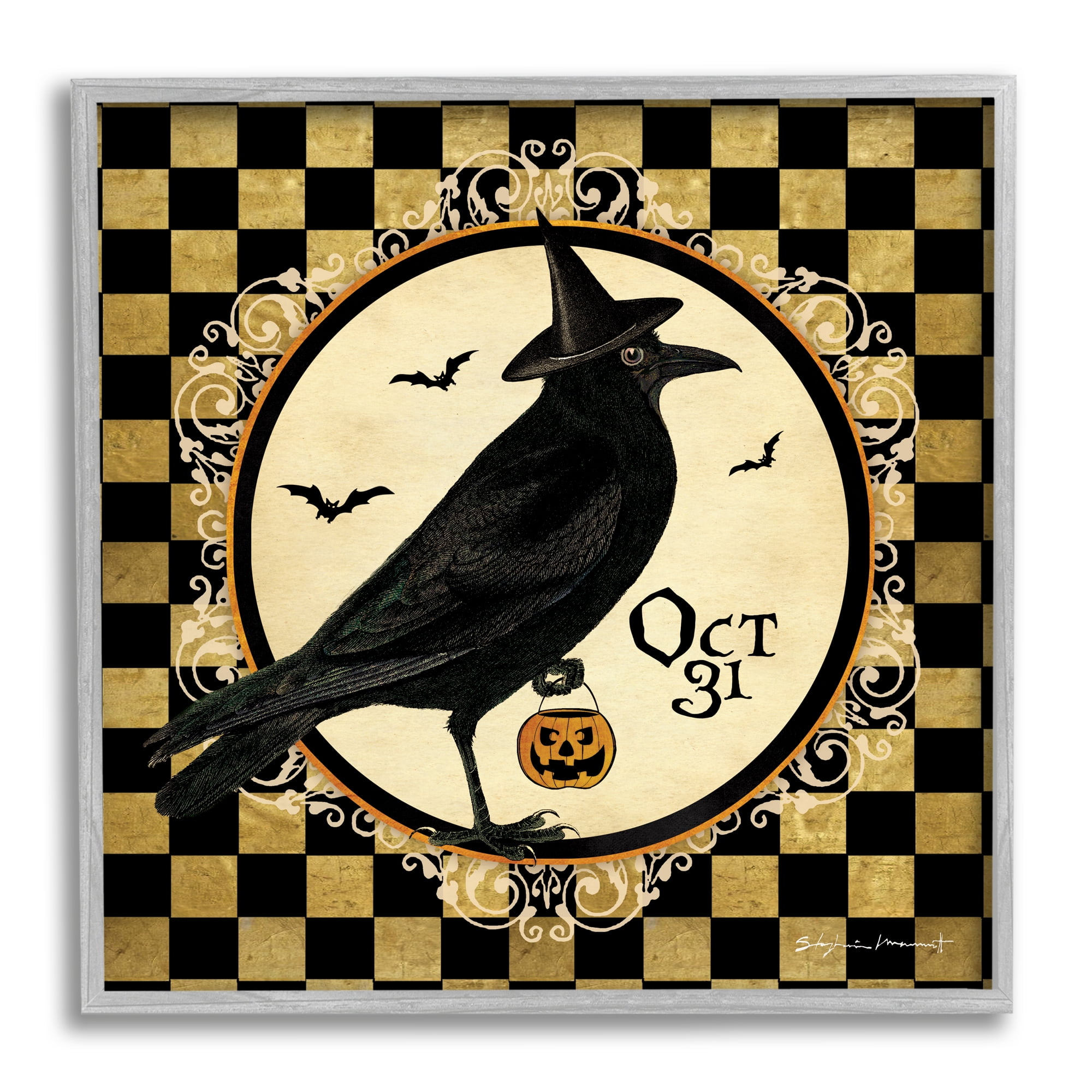 Stupell Industries Oct 31 Checkered Halloween Crow Holiday Painting Gray Framed Art Print Wall Art
