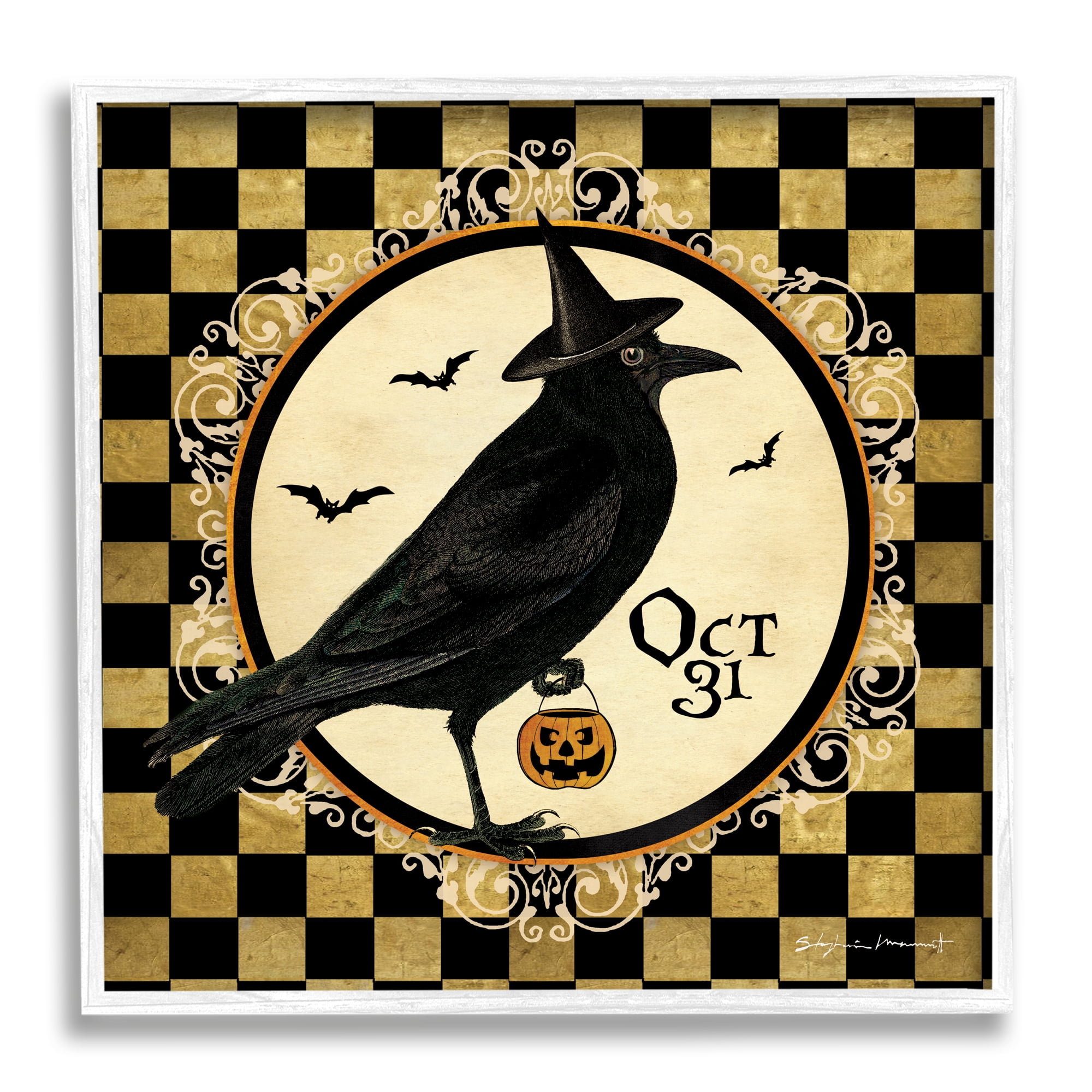 Stupell Industries Oct 31 Checkered Halloween Crow Holiday Painting White Framed Art Print Wall Art