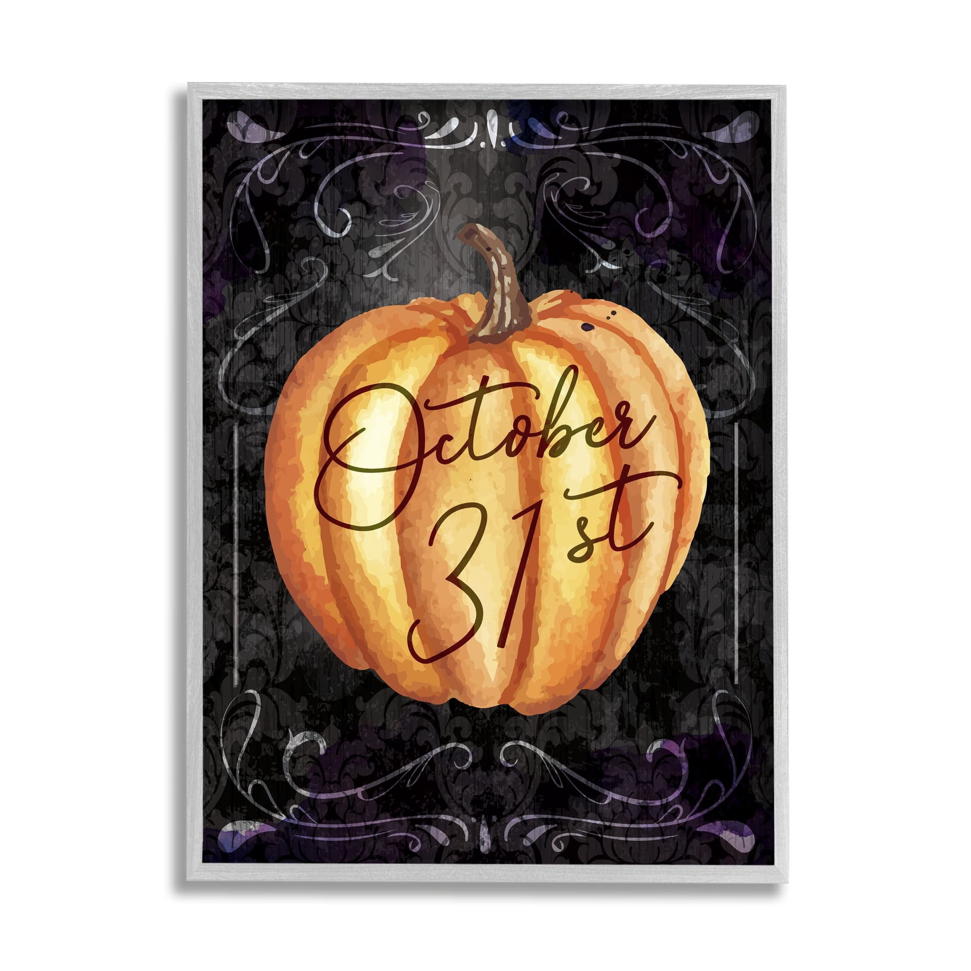 Stupell Industries October 31st Halloween Pumpkin Holiday Painting Gray Framed Art Print Wall Art