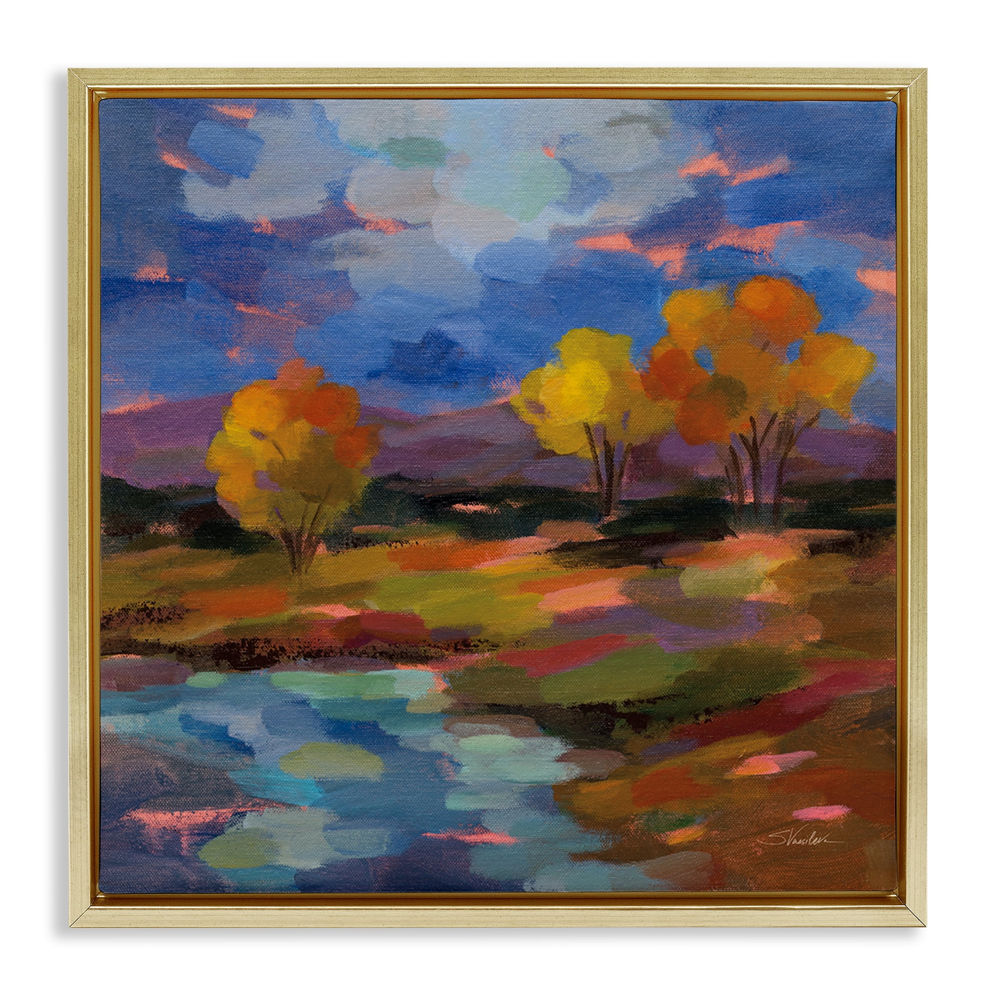 Stupell Industries October Glow Lakeside Reflection Gold Framed Floater Canvas Wall Art, design by Silvia Vassileva