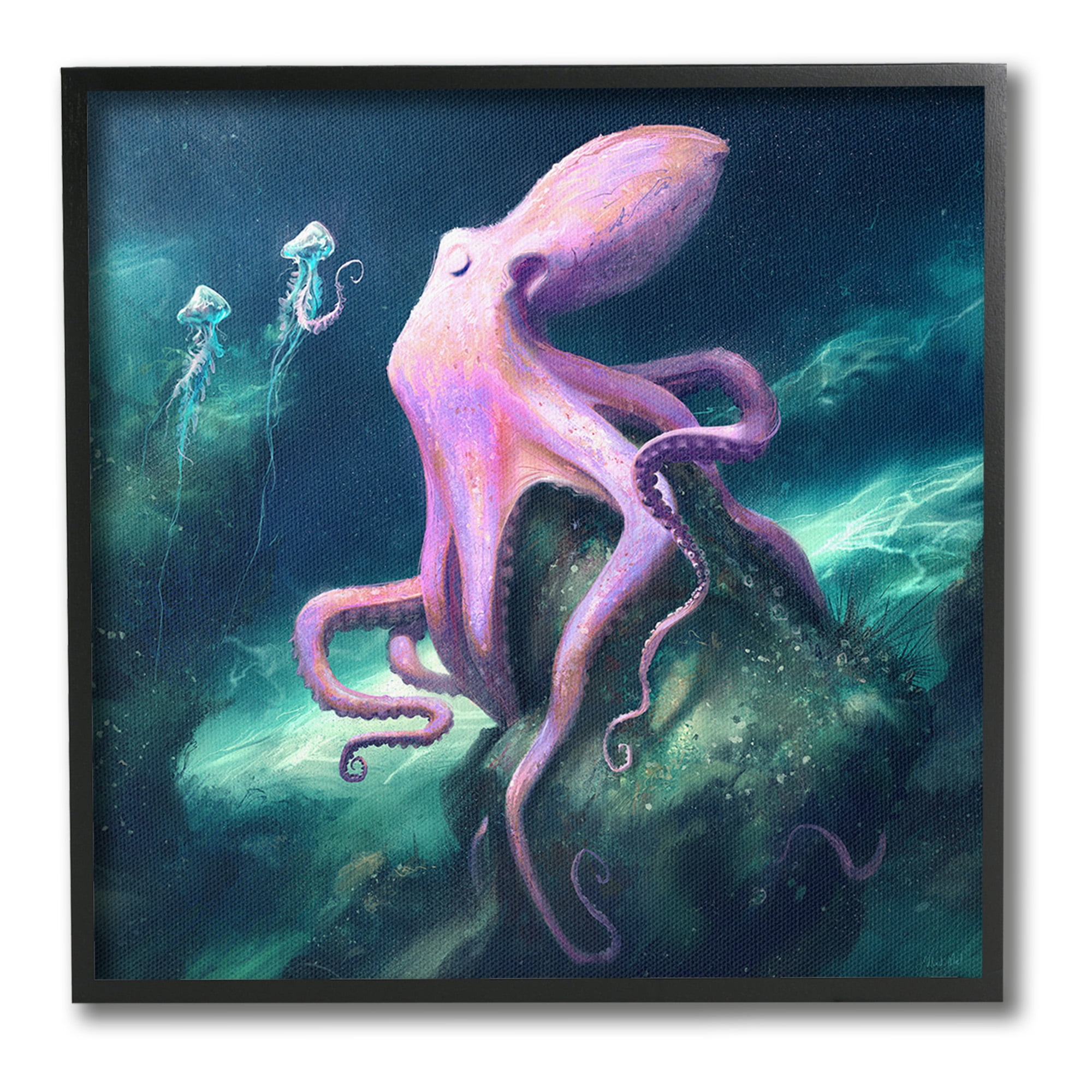 Stupell Industries Octopus & Jellyfish Friends Animals & Insects Painting Black Framed Art Print Wall Art, 17 x 17