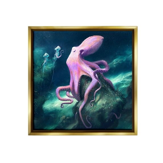 Stupell Industries Octopus & Jellyfish Friends Animals & Insects Painting Gold Floater Framed Canvas Art Print Wall Art, 18 x 18
