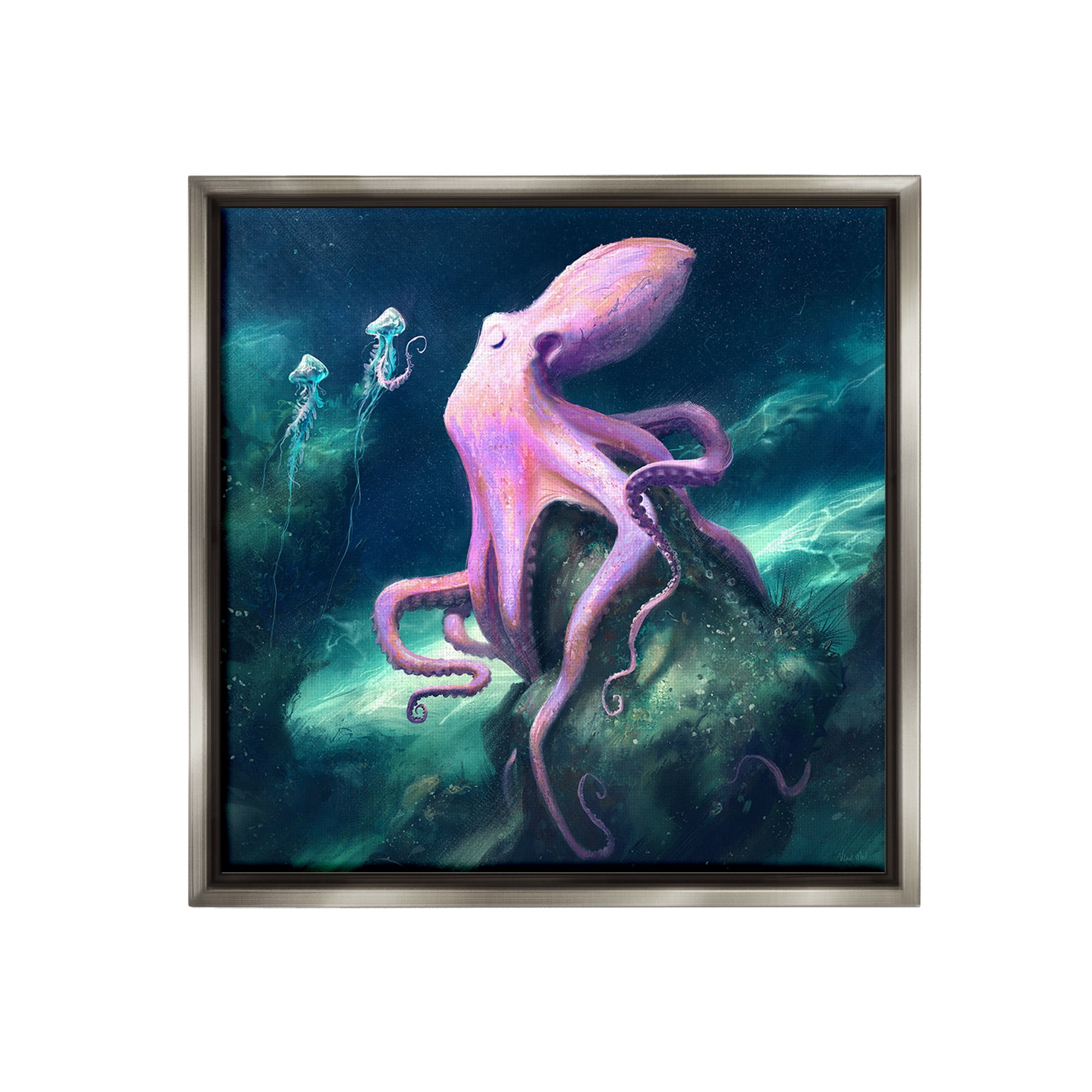 Stupell Industries Octopus & Jellyfish Friends Animals & Insects Painting Gray Floater Framed Canvas Art Print Wall Art, 25 x 25