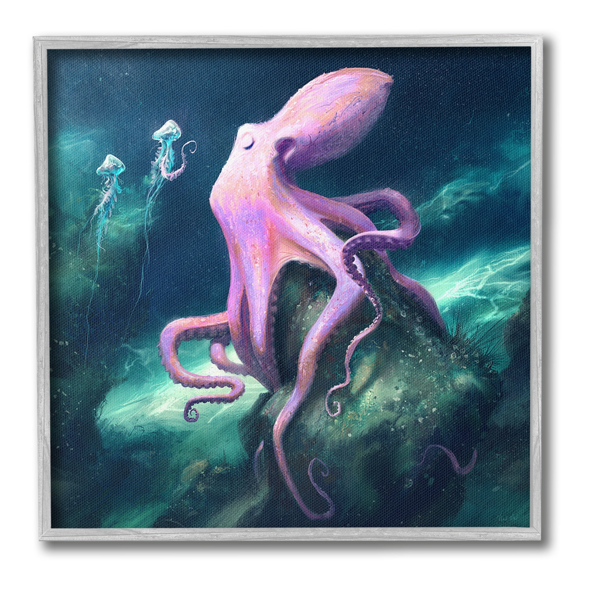 Stupell Industries Octopus & Jellyfish Friends Animals & Insects Painting Gray Framed Art Print Wall Art, 12 x 12