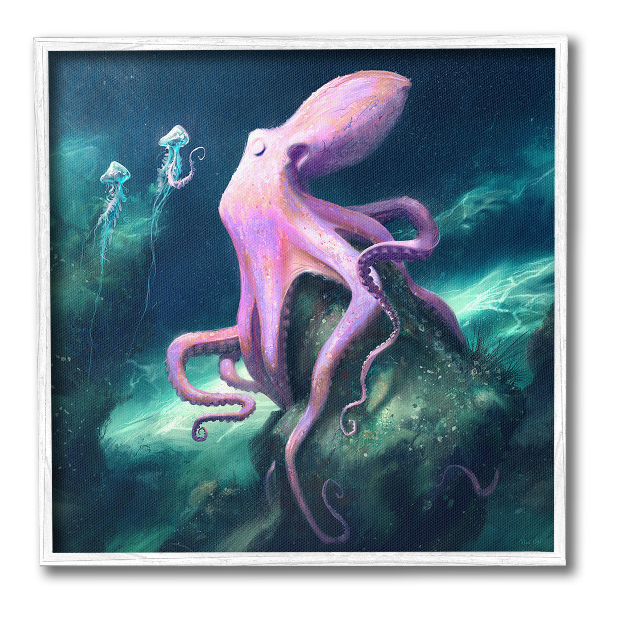 Stupell Industries Octopus & Jellyfish Friends Animals & Insects Painting White Framed Art Print Wall Art, 24 x 24