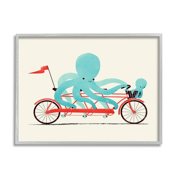 Stupell Industries Octopus Tandem Bicycle Animals & Insects Painting Gray Framed Art Print Wall Art, 14 x 11