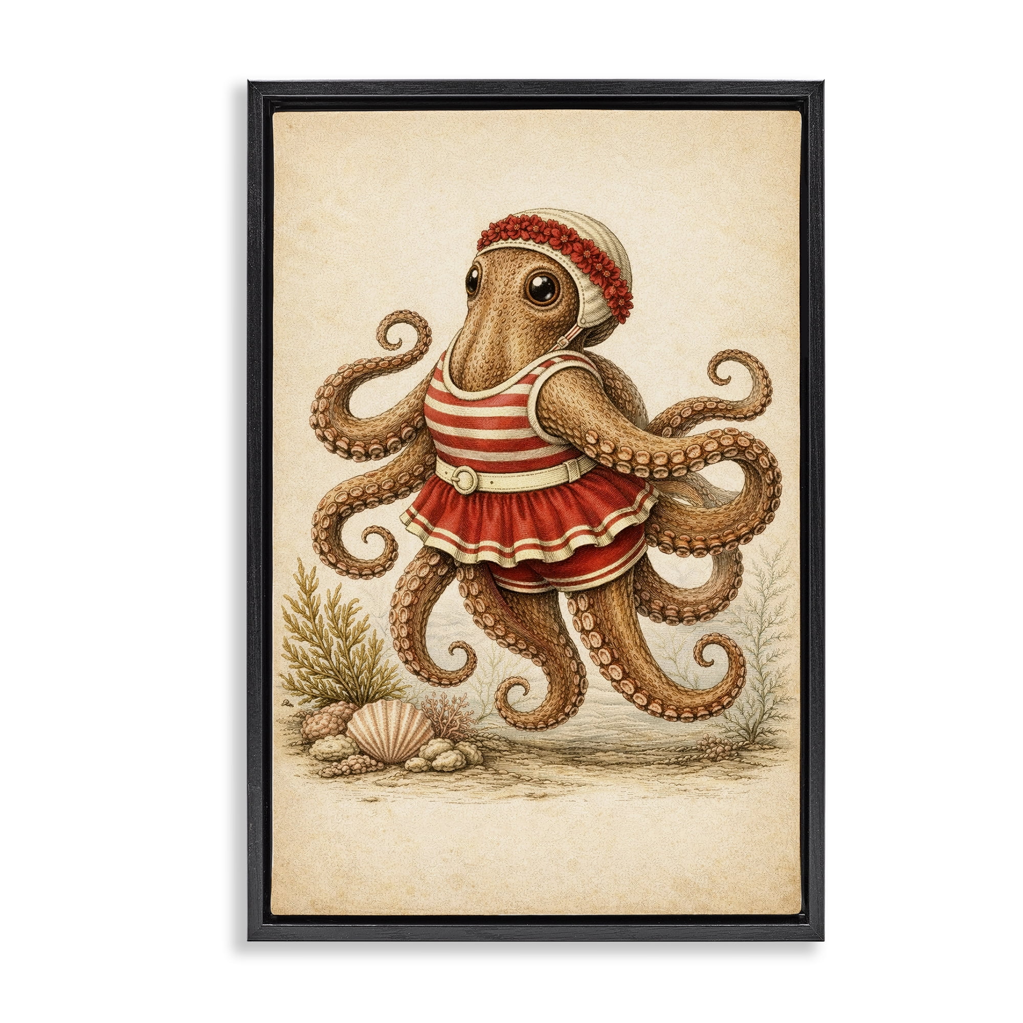 Stupell Industries Octopus of Maritime Bathing Society Black Framed Floater Canvas Wall Art, design by Grotto Studios
