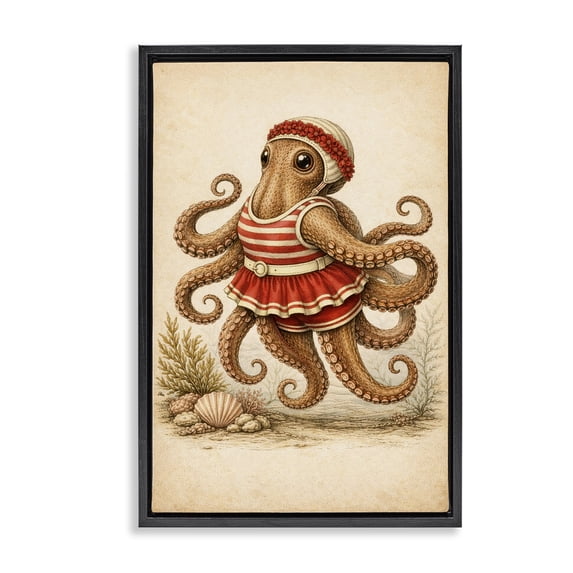 Stupell Industries Eclectic Octopus of Maritime Bathing Society Black Floating Frame Canvas Art, 17 x 25, by Grotto Studios