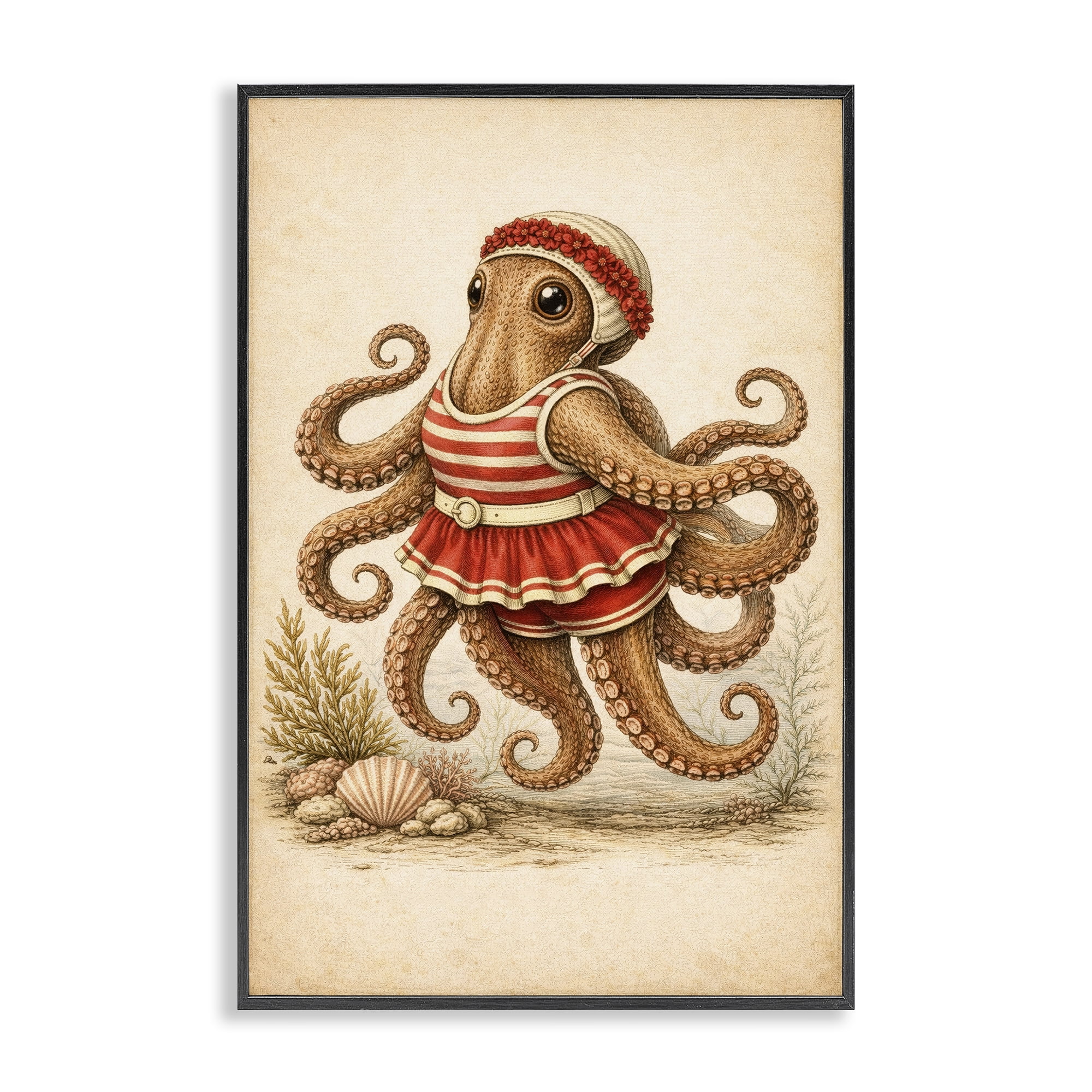 Stupell Industries Octopus of Maritime Bathing Society Black Framed Giclee Art, design by Grotto Studios