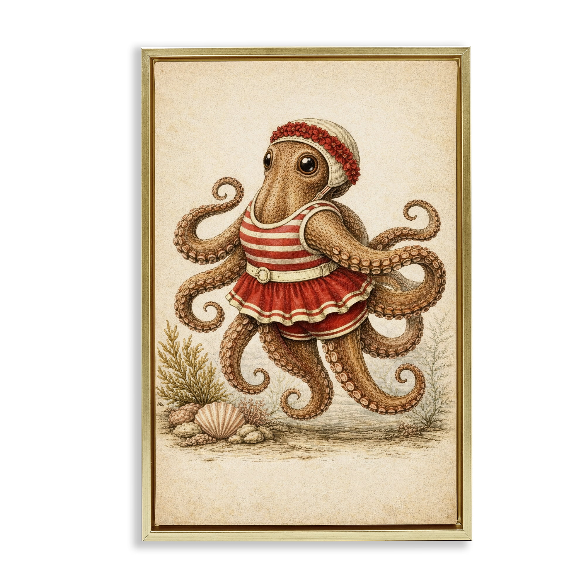 Stupell Industries Octopus of Maritime Bathing Society Gold Framed Floater Canvas Wall Art, design by Grotto Studios