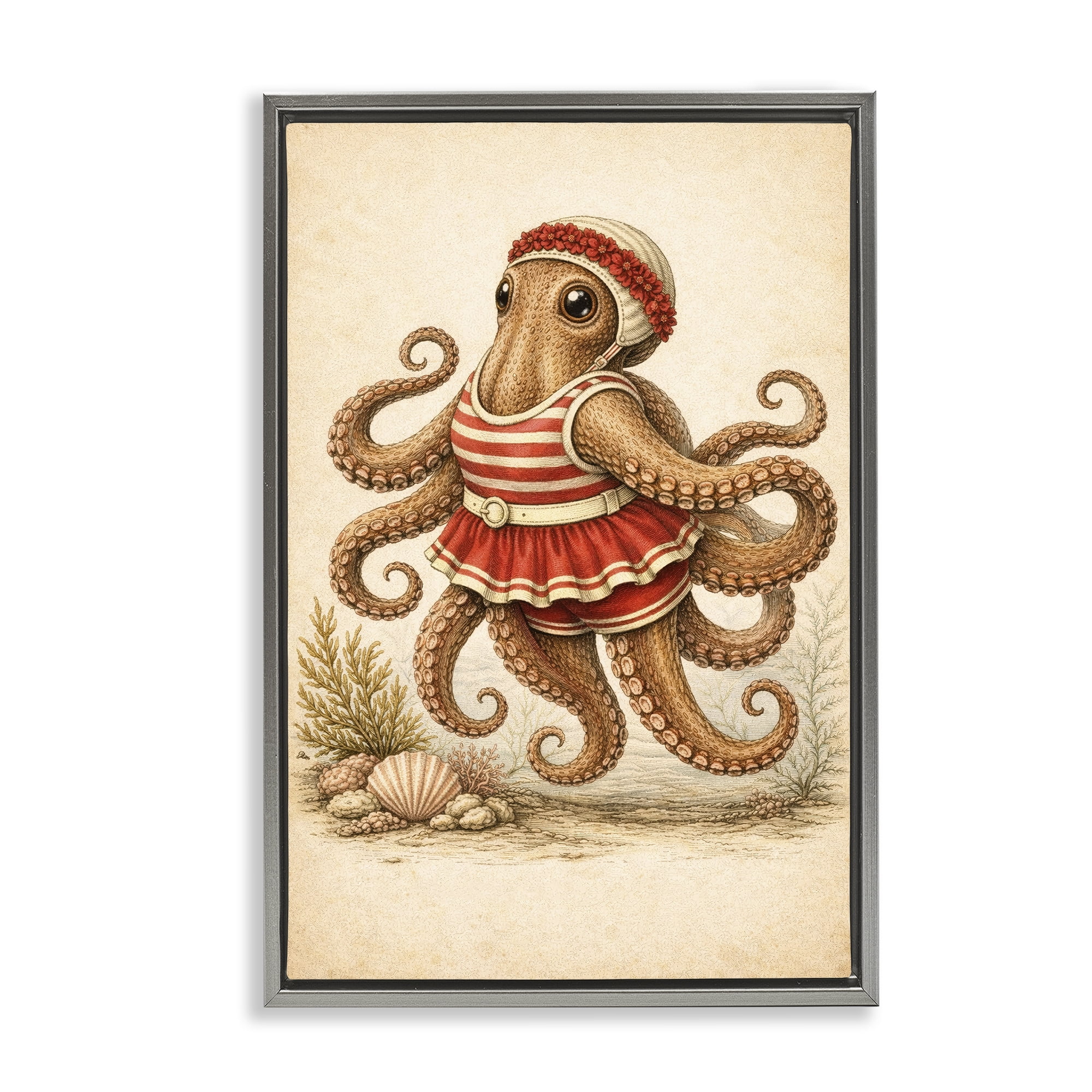 Stupell Industries Octopus of Maritime Bathing Society Gray Framed Floater Canvas Wall Art, design by Grotto Studios