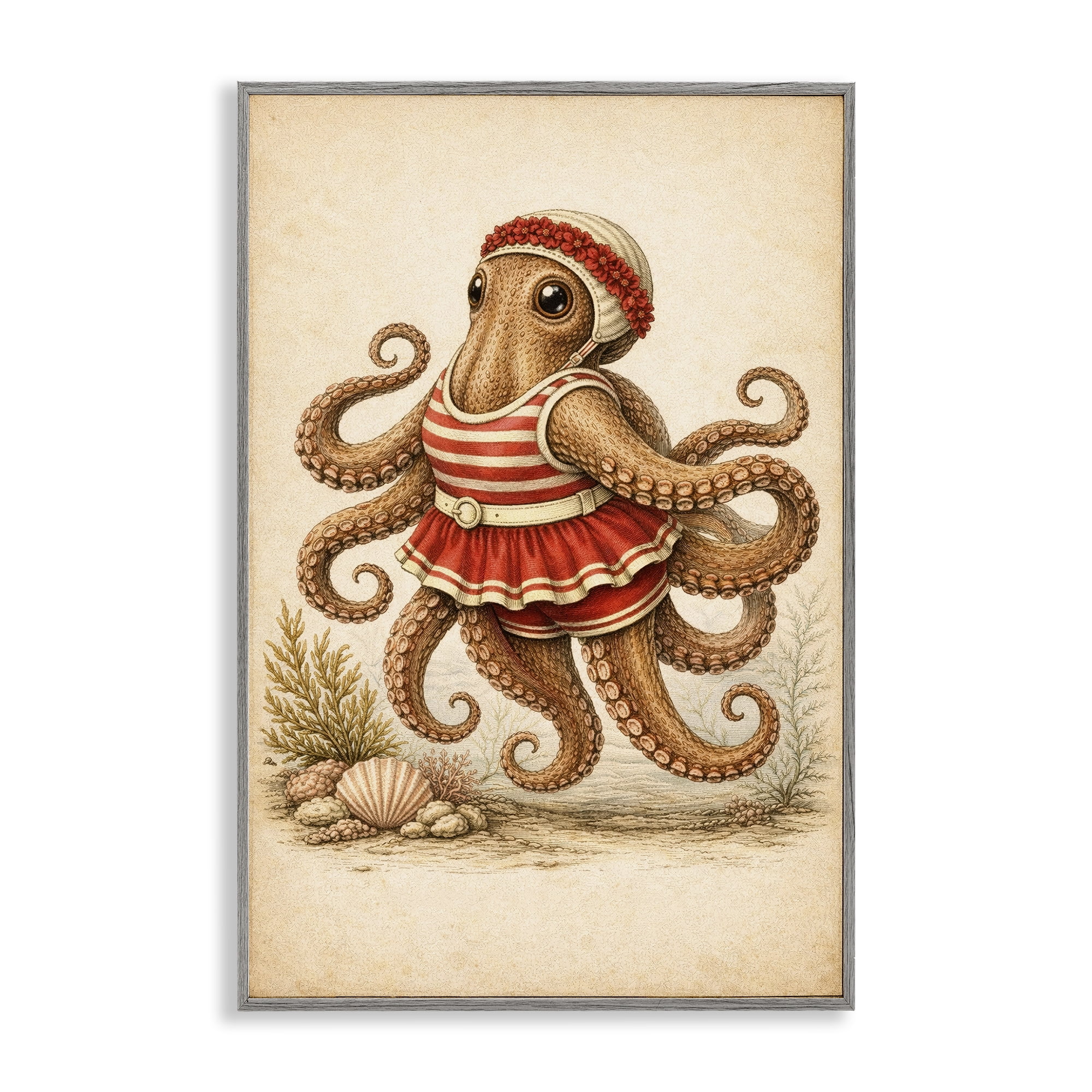 Stupell Industries Octopus of Maritime Bathing Society Gray Framed Giclee Art, design by Grotto Studios