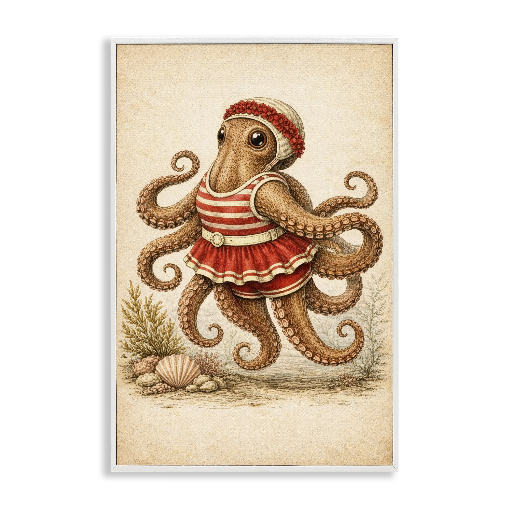 Stupell Industries Octopus of Maritime Bathing Society White Framed Giclee Art, design by Grotto Studios