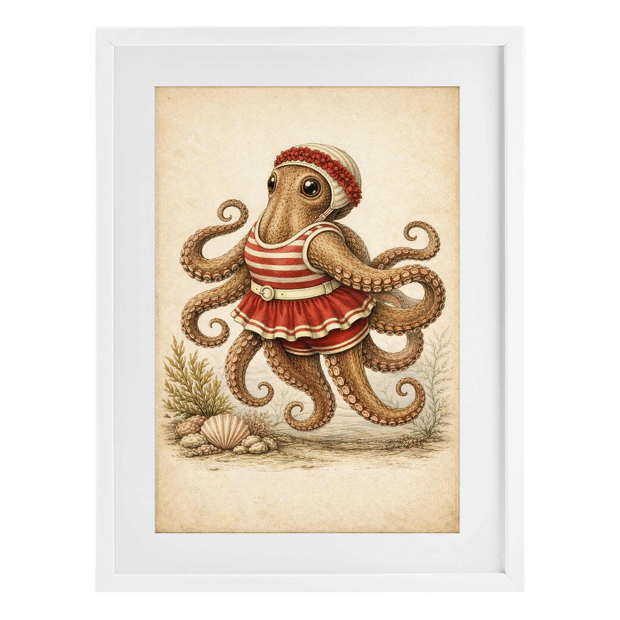 Stupell Industries Octopus of Maritime Bathing Society White Framed Print Under Glass, design by Grotto Studios